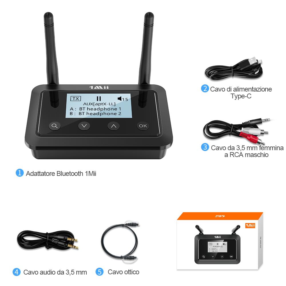 1Mii B03+ Trasmettitore Ricevitore Bluetooth aptX Schermo