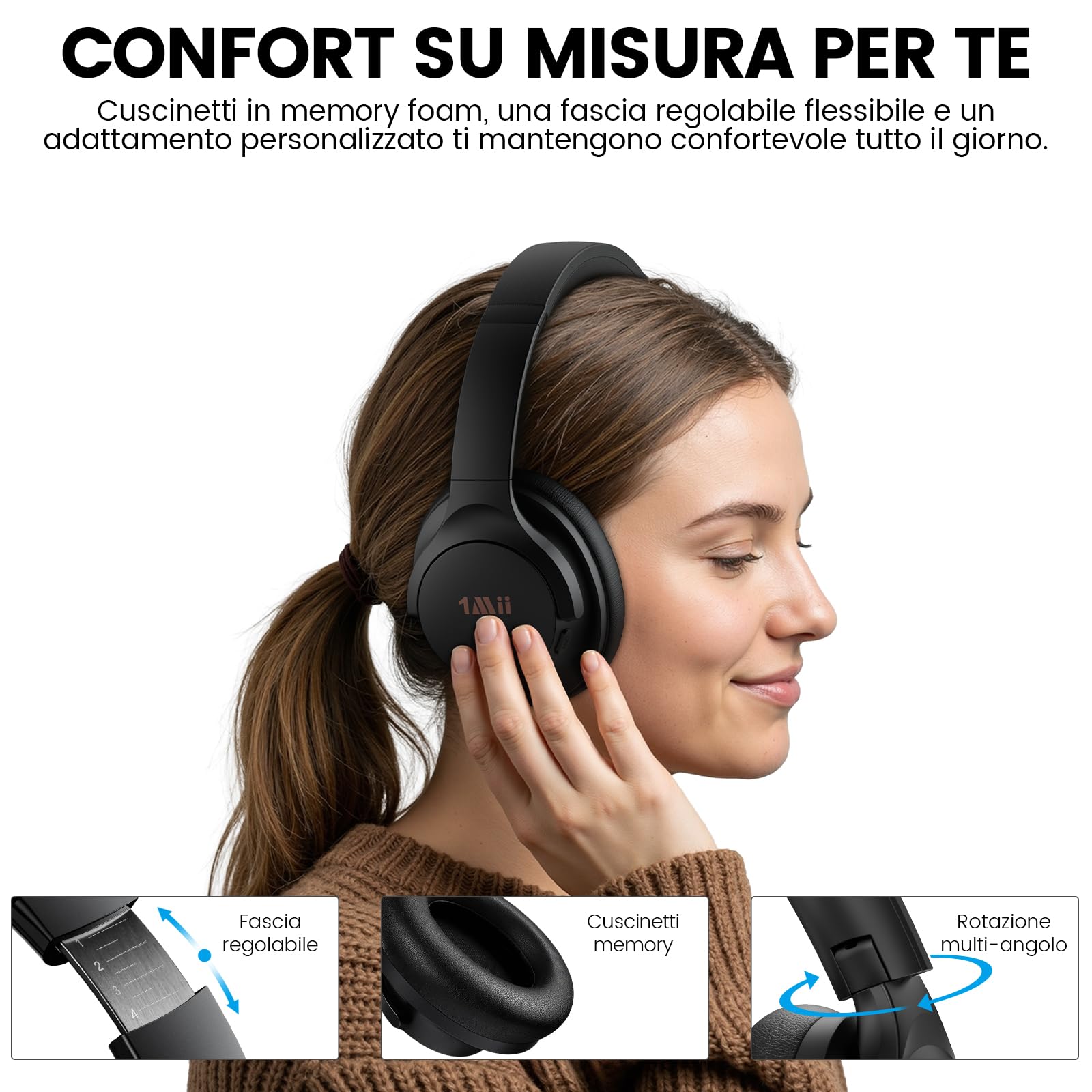 1Mii Y8 cuffie bluetooth ANC LDAC over-ear 100 ore nere