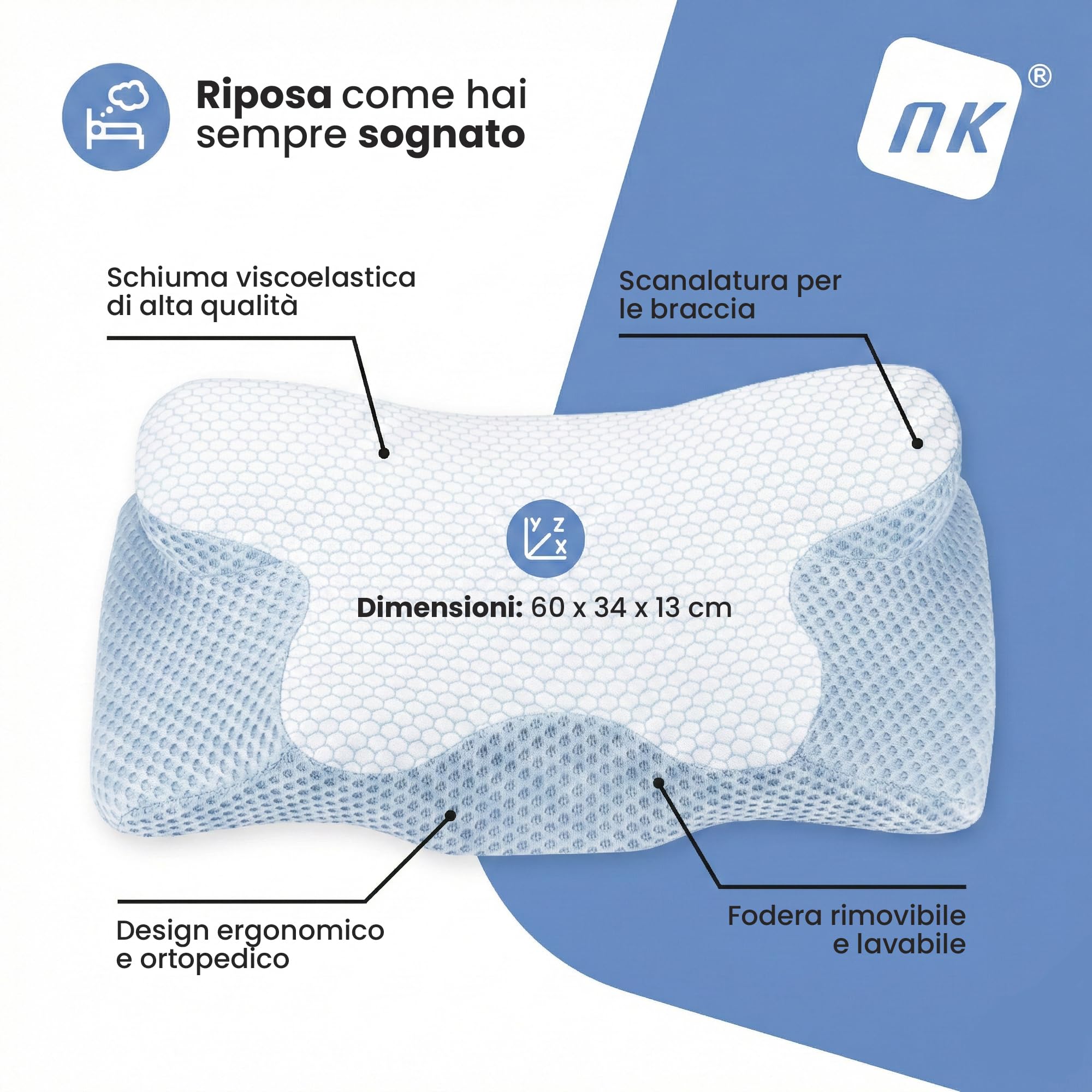 NK Cuscino Cervicale Memory 50D 60x34 Blu Bianco