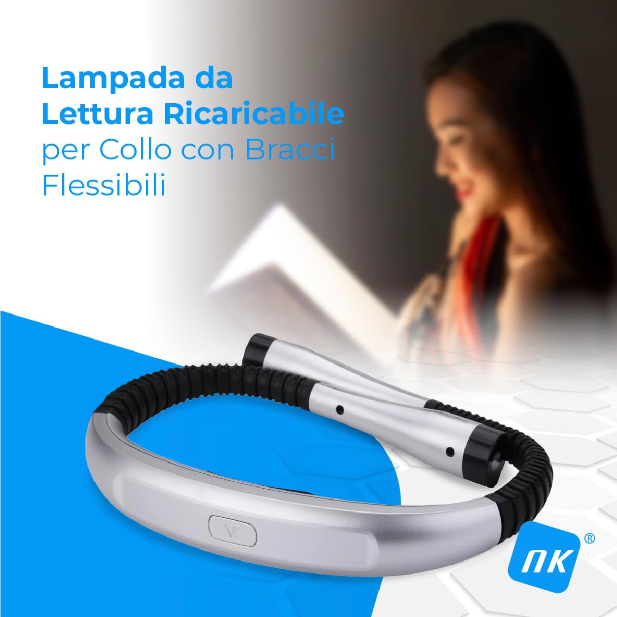 NK lampada da collo lettura LED ricaricabile bracci flessibili