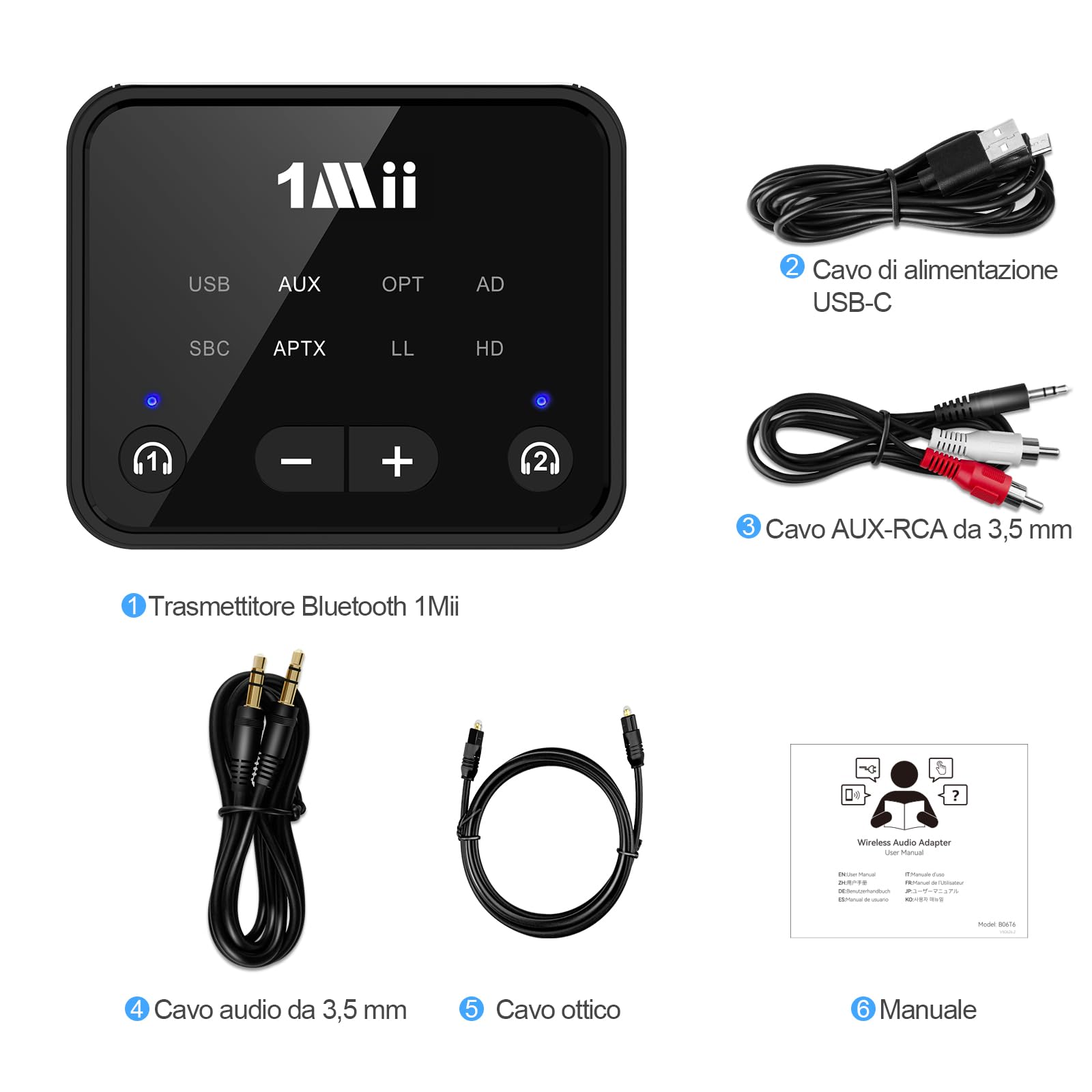 1Mii B06T6 Trasmettitore Bluetooth TV 2 Cuffie aptX LL