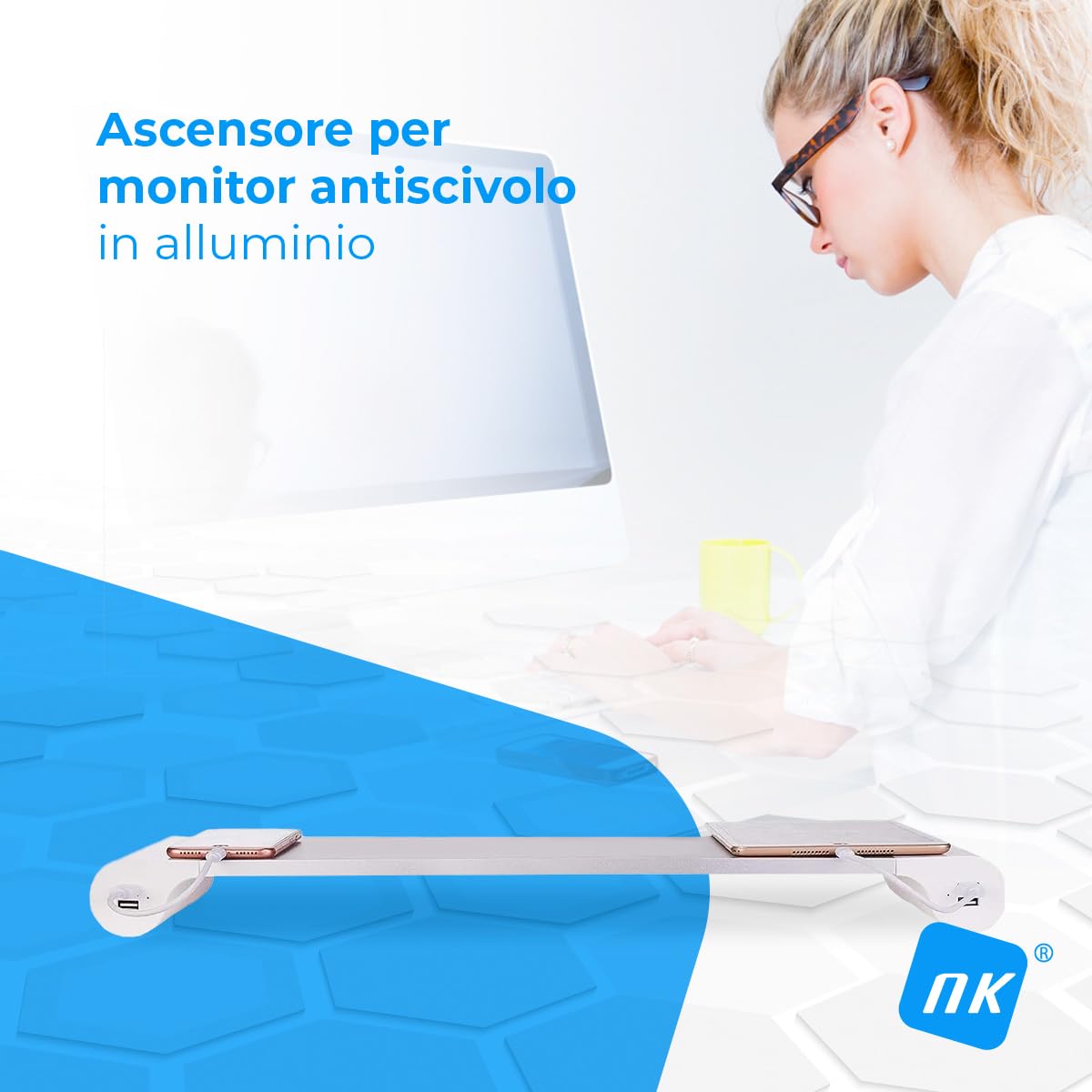 NK Supporto Monitor Alluminio USB 4 Porte 22W Argento