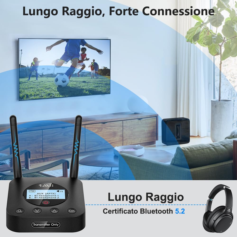 1Mii B06TX+ Trasmettitore Bluetooth TV 5.2 aptX 2 Cuffie Ottico