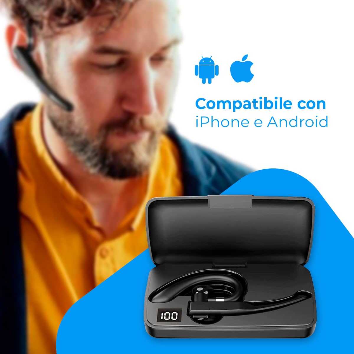 NK Auricolare Bluetooth Mono con Custodia Ricarica Lavoro