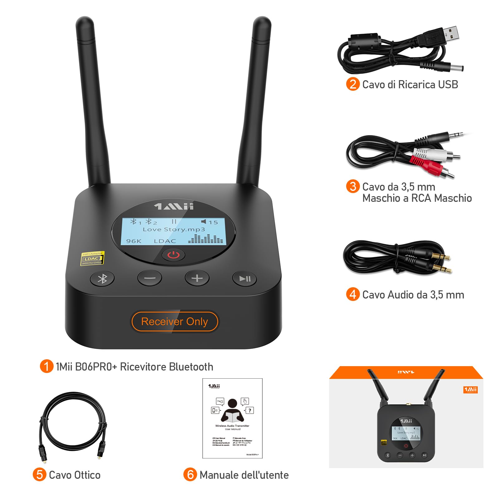 1Mii Bluetooth Receiver B06Pro+ ricevitore HiFi LDAC aptX HD AUX