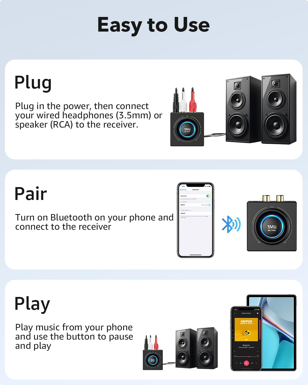 1Mii B06T3 Ricevitore Bluetooth 5.3 RCA AUX con manopola