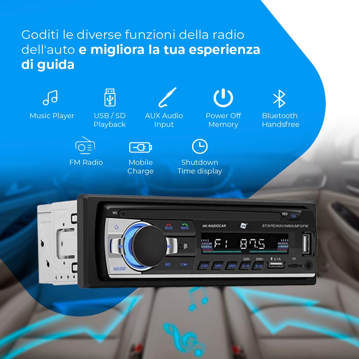 NK Radiocare Autoradio Bluetooth 1 DIN 4x40W