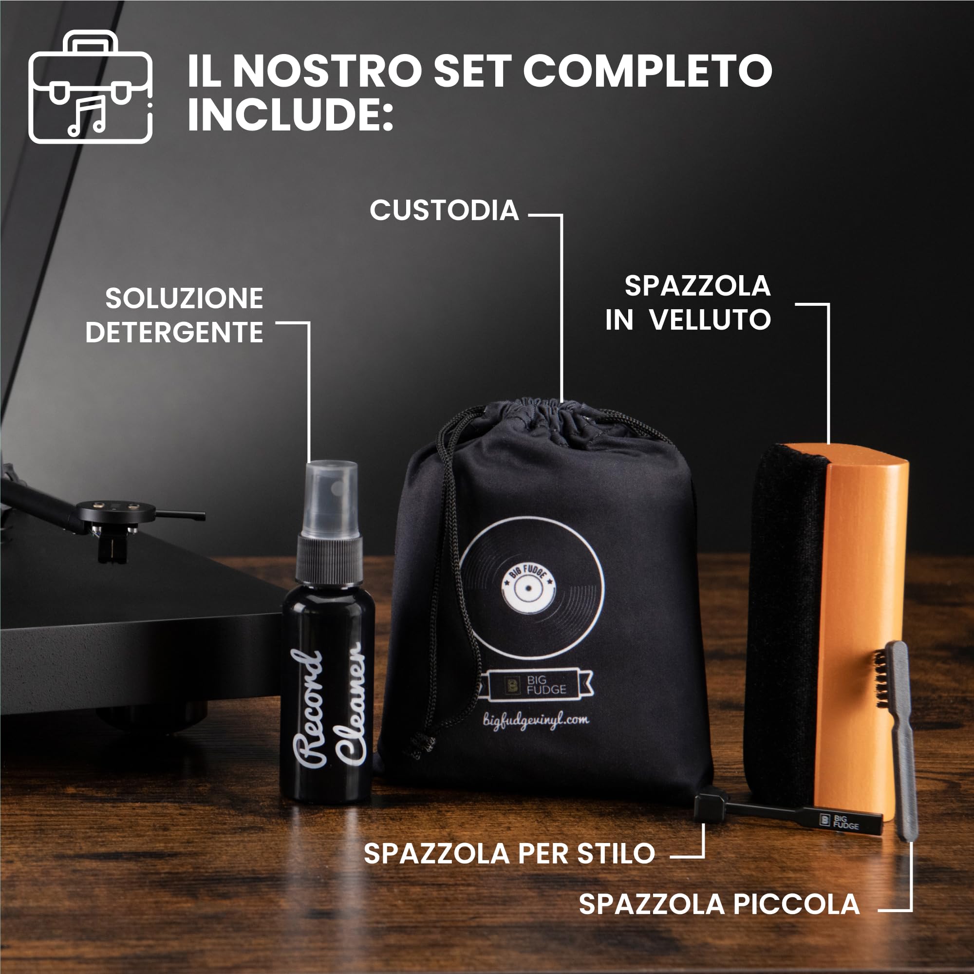 Big Fudge Kit Pulizia Vinili Premium Spazzola Liquido 100ml