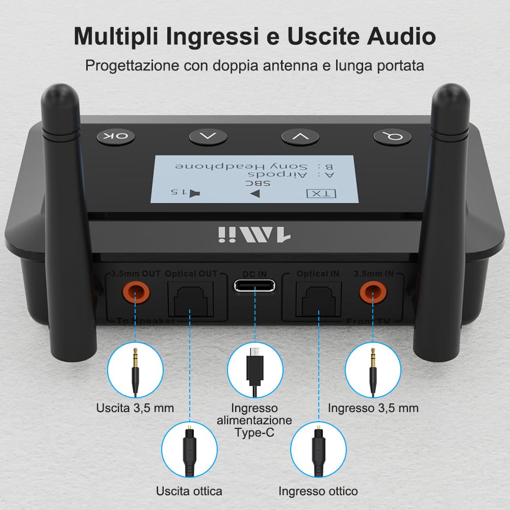 1Mii B03+ Trasmettitore Ricevitore Bluetooth aptX Schermo