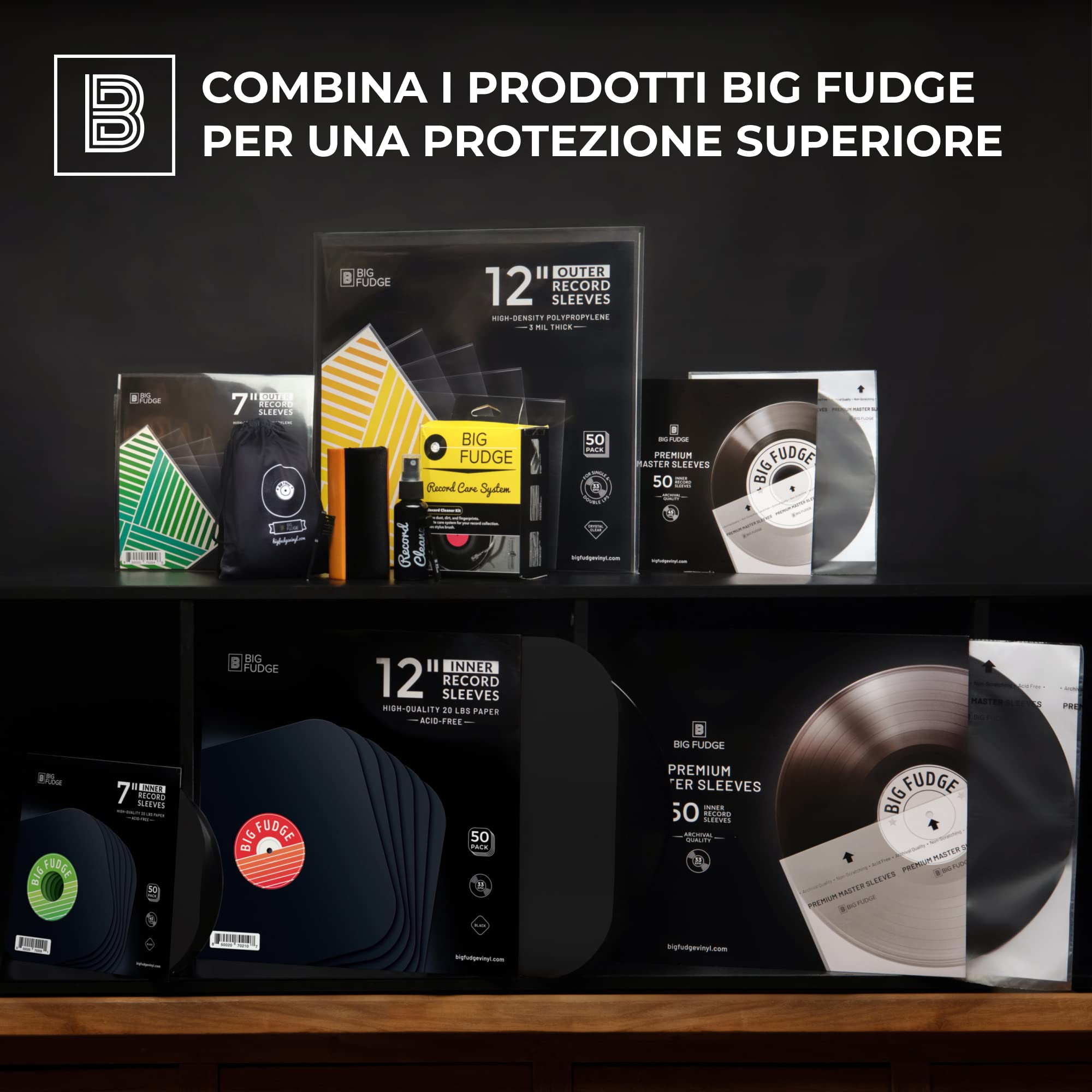 Big Fudge Record Jackets buste interne 7" 50x nere carta senza acidi