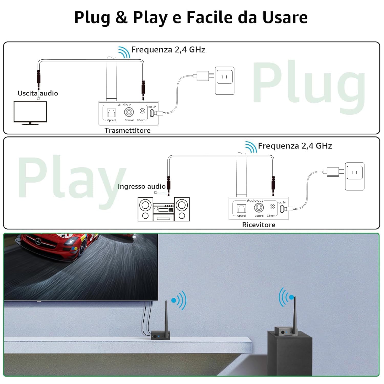 1Mii 2.4G Set trasmettitore ricevitore audio 100 m