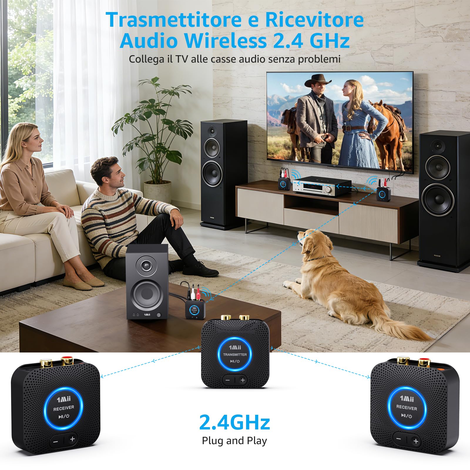 1Mii Kit Audio Wireless 2.4GHz 1TX+2RX AUX RCA