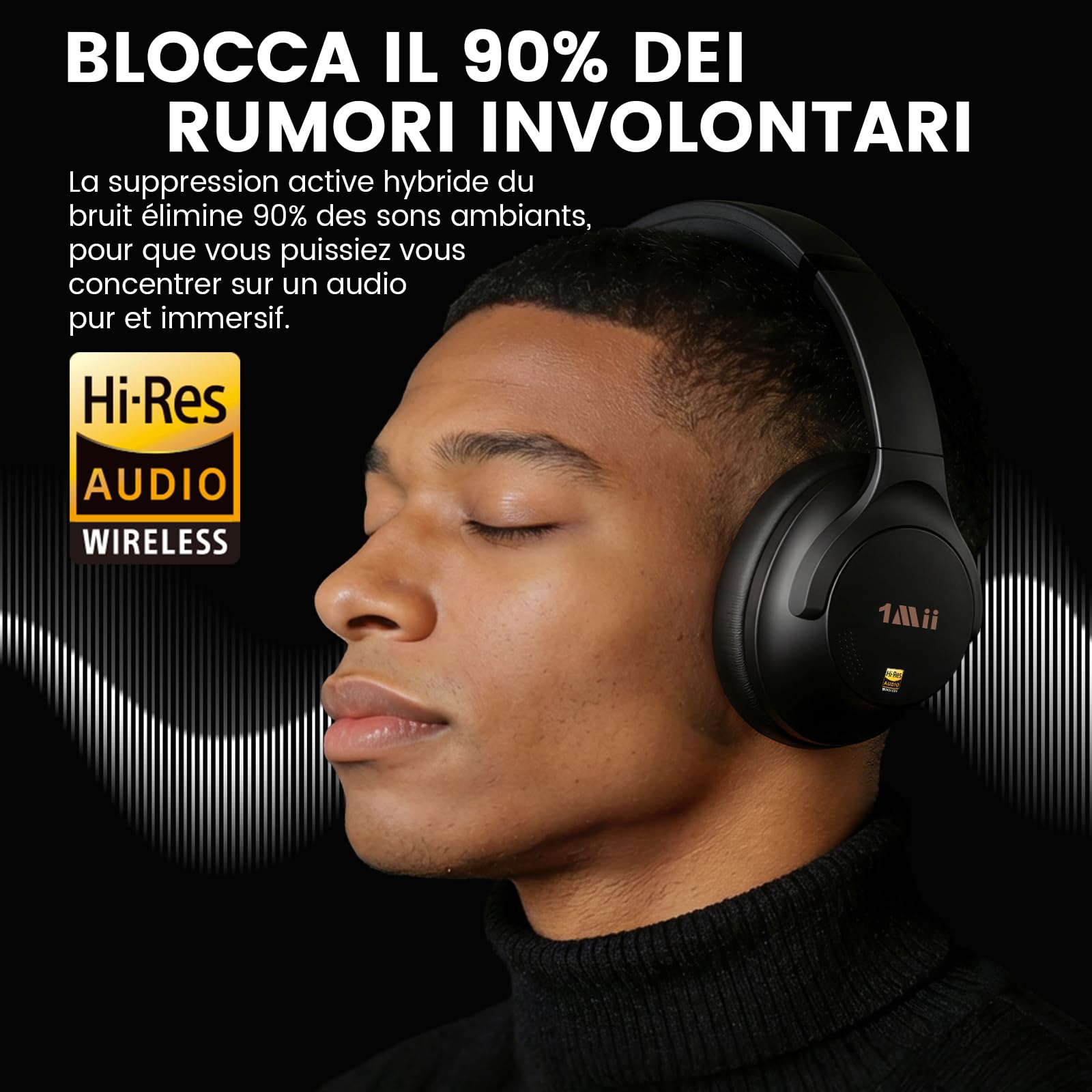 1Mii Y8 cuffie bluetooth ANC LDAC over-ear 100 ore nere