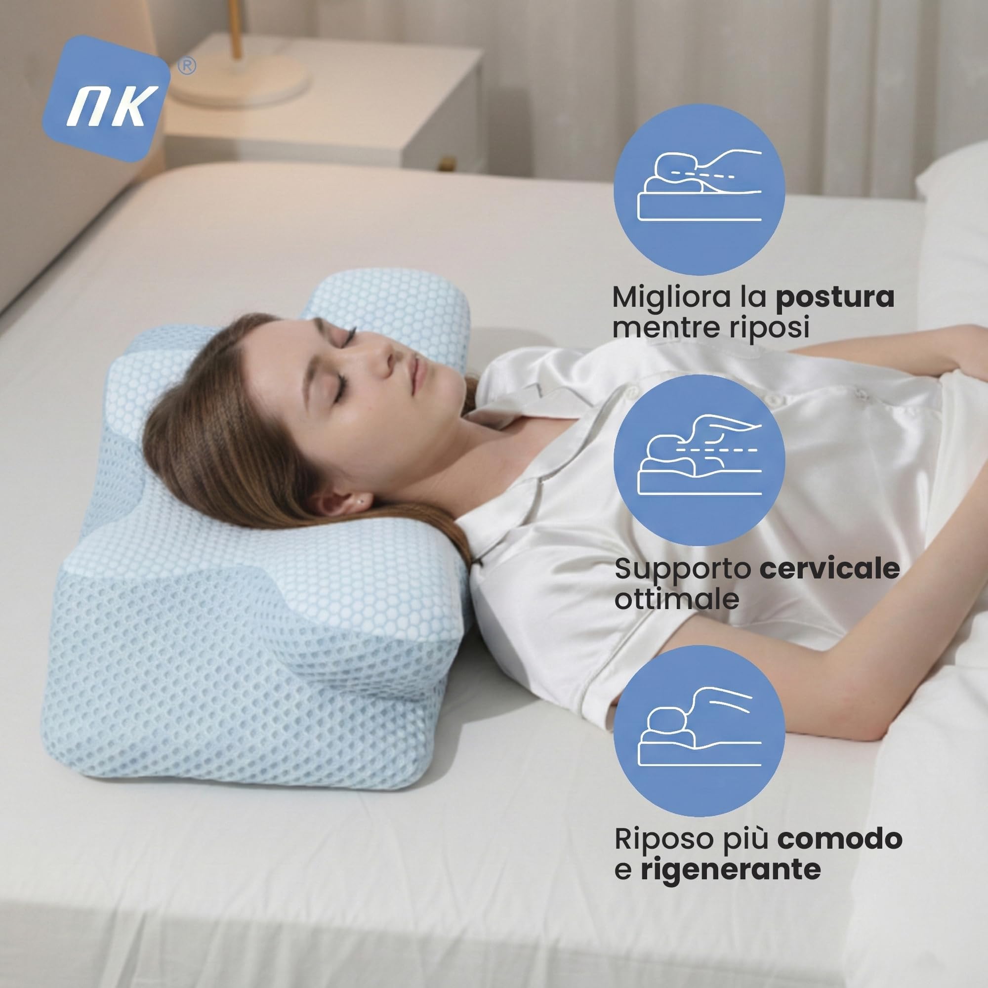 NK Cuscino Cervicale Memory 50D 60x34 Blu Bianco
