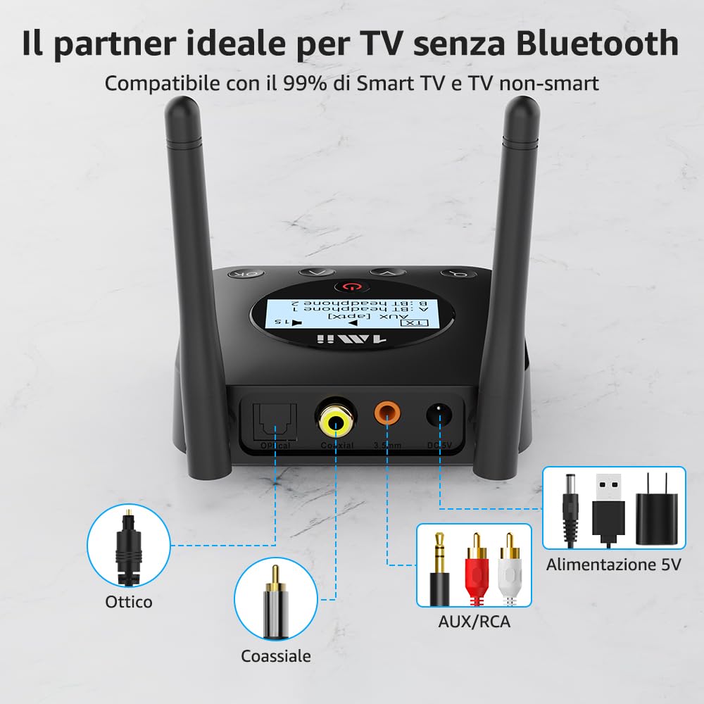 1Mii B06TX+ Trasmettitore Bluetooth TV 2 Cuffie aptX