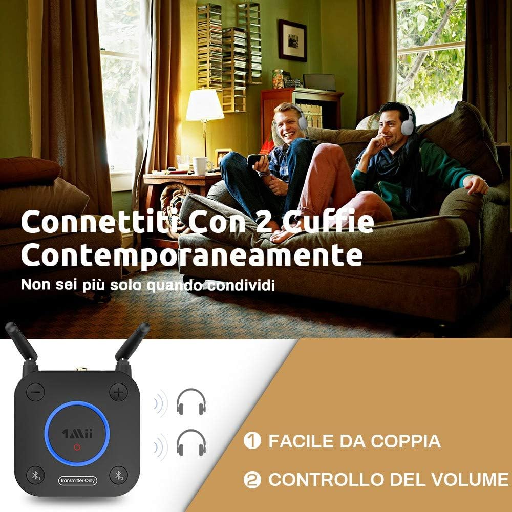 1Mii Trasmettitore Bluetooth TV 5.2 aptX Bassa Latenza 2 Cuffie
