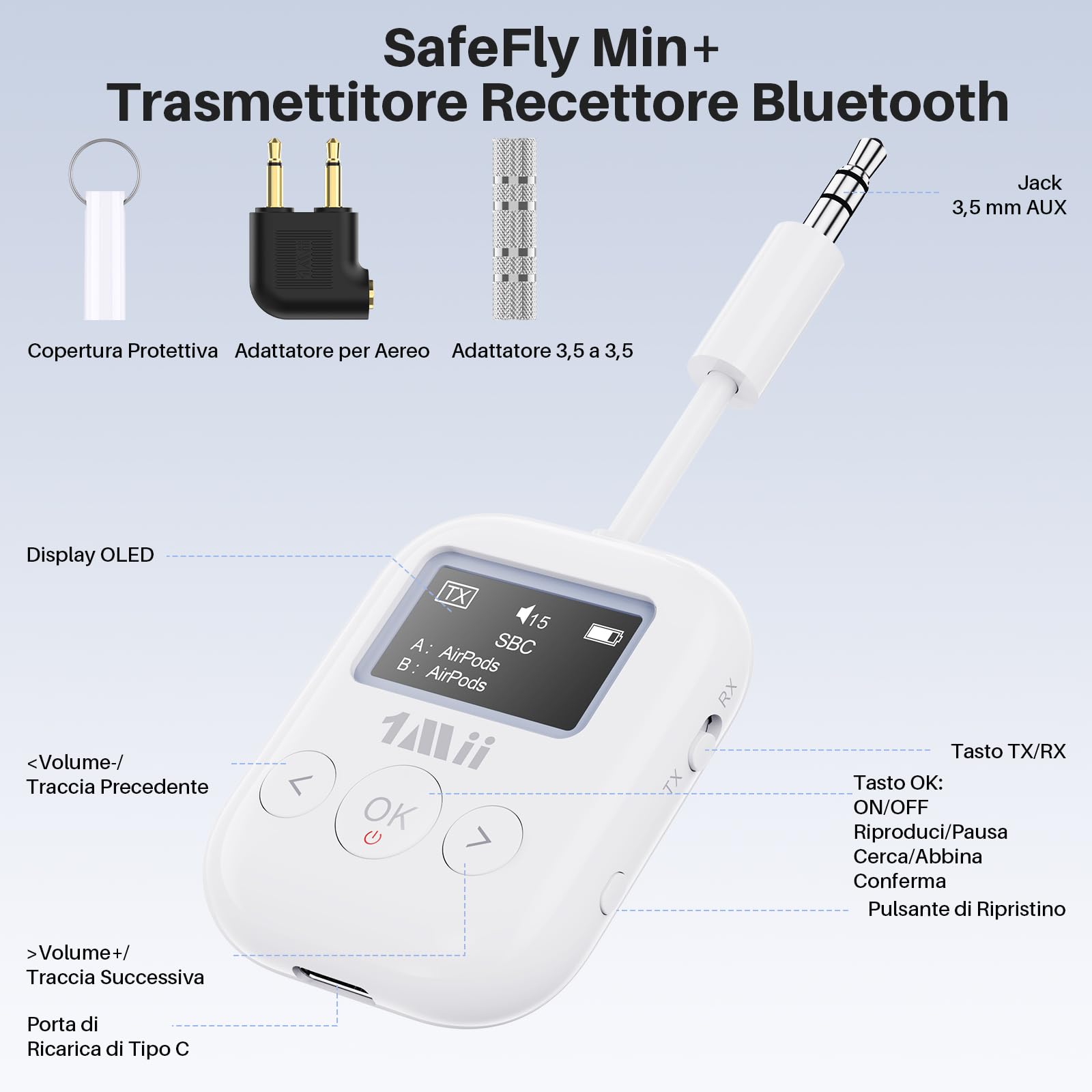 1Mii SafeFly Min+ Trasmettitore Bluetooth TV aptX 25 Ore