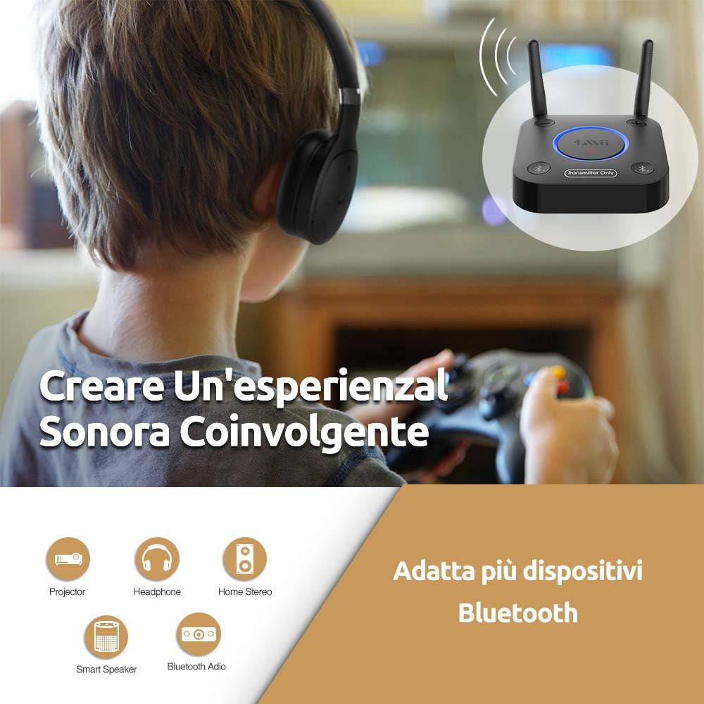 1Mii Trasmettitore Bluetooth TV 5.2 aptX Bassa Latenza 2 Cuffie