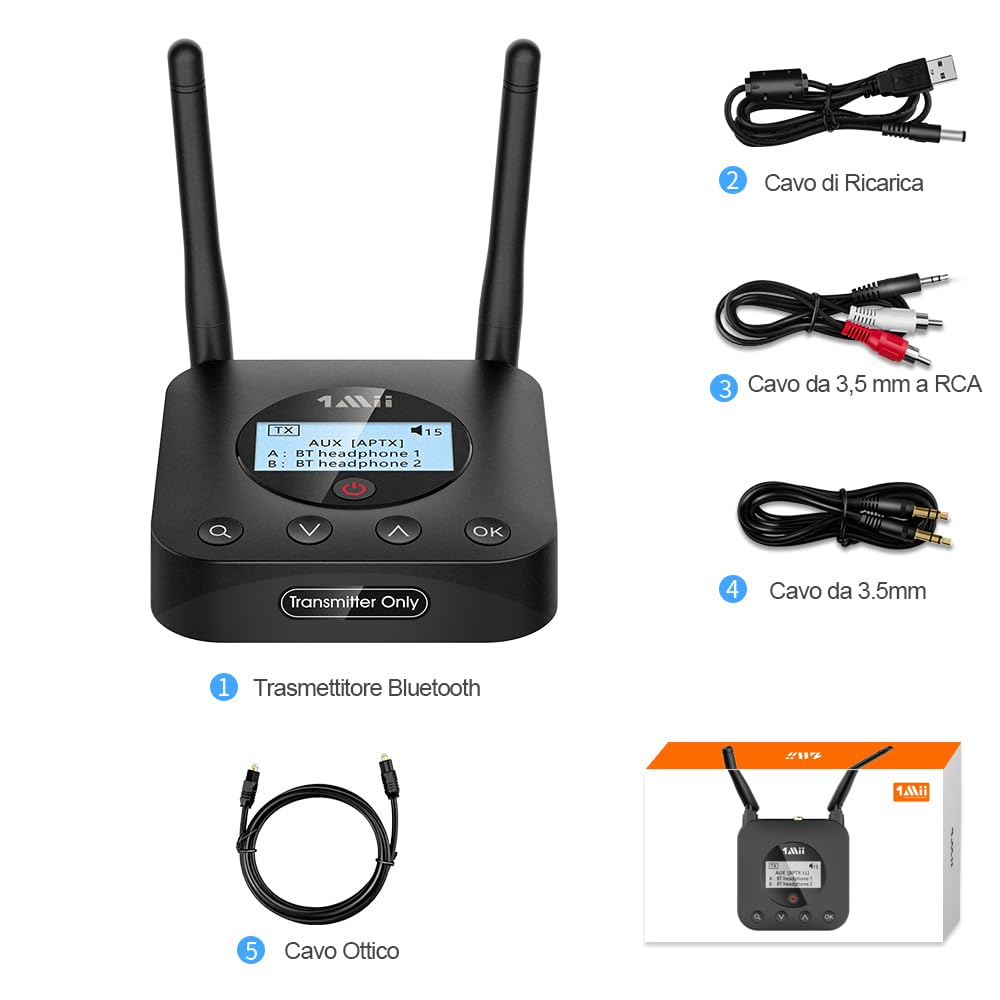 1Mii B06TX+ Trasmettitore Bluetooth TV 5.2 aptX 2 Cuffie Ottico