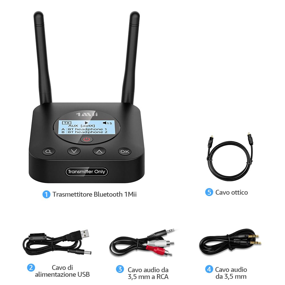 1Mii B06TX+ Trasmettitore Bluetooth TV 2 Cuffie aptX