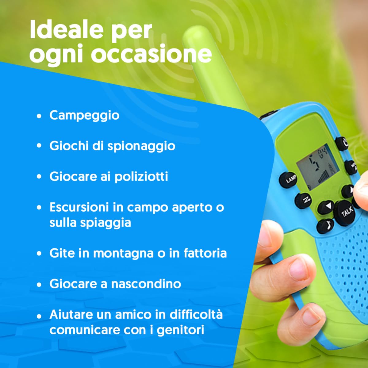 NK walkie-talkie bambini blu/verde 22 canali 3 km torcia