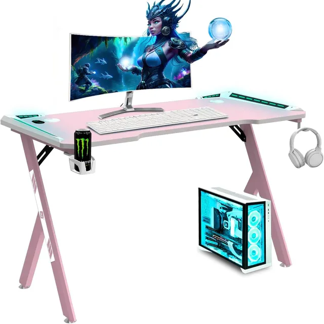 NK scrivania gaming LED 120x60 rosa con supporto cuffie 100kg