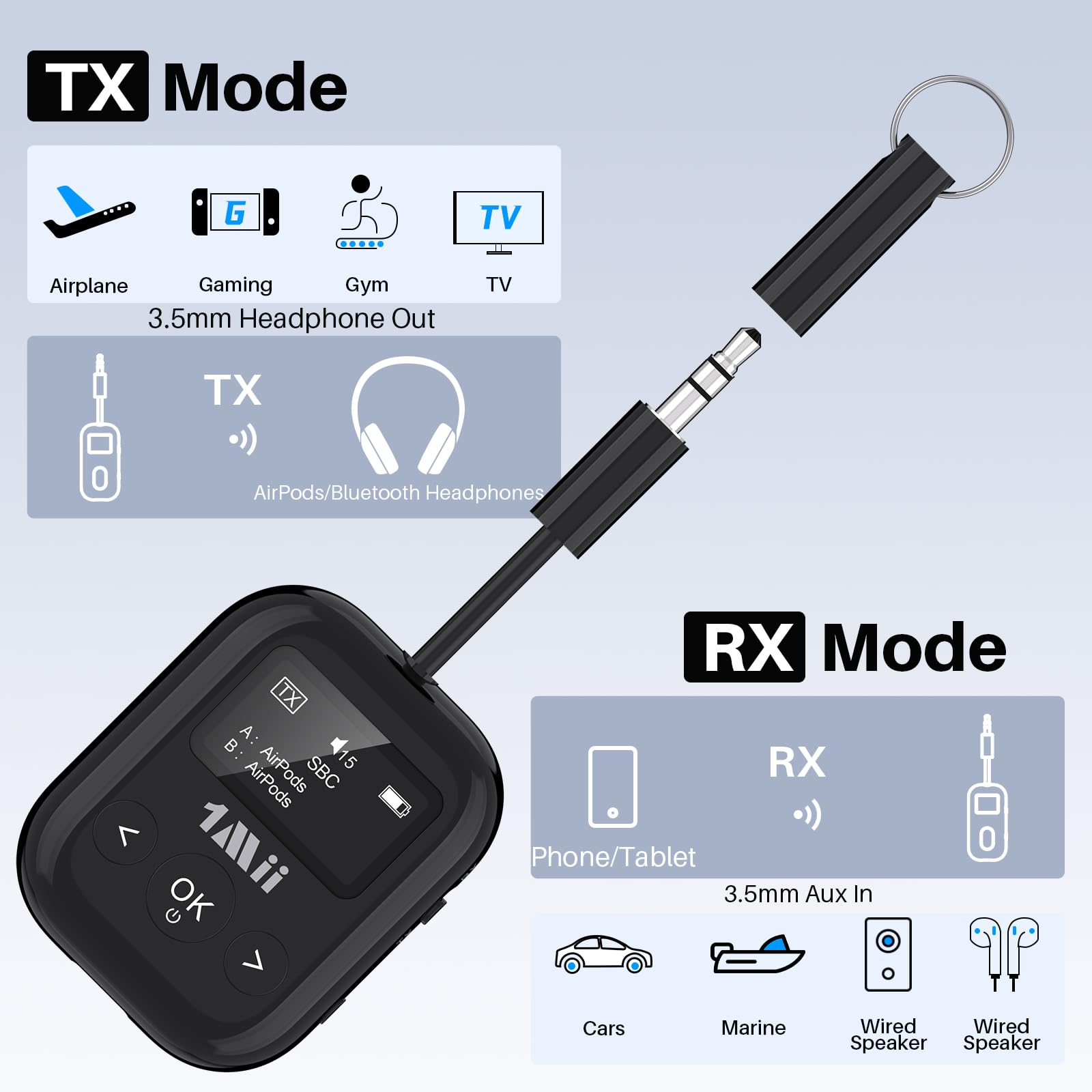 1Mii SafeFly Min+ Trasmettitore Ricevitore Bluetooth aptX OLED