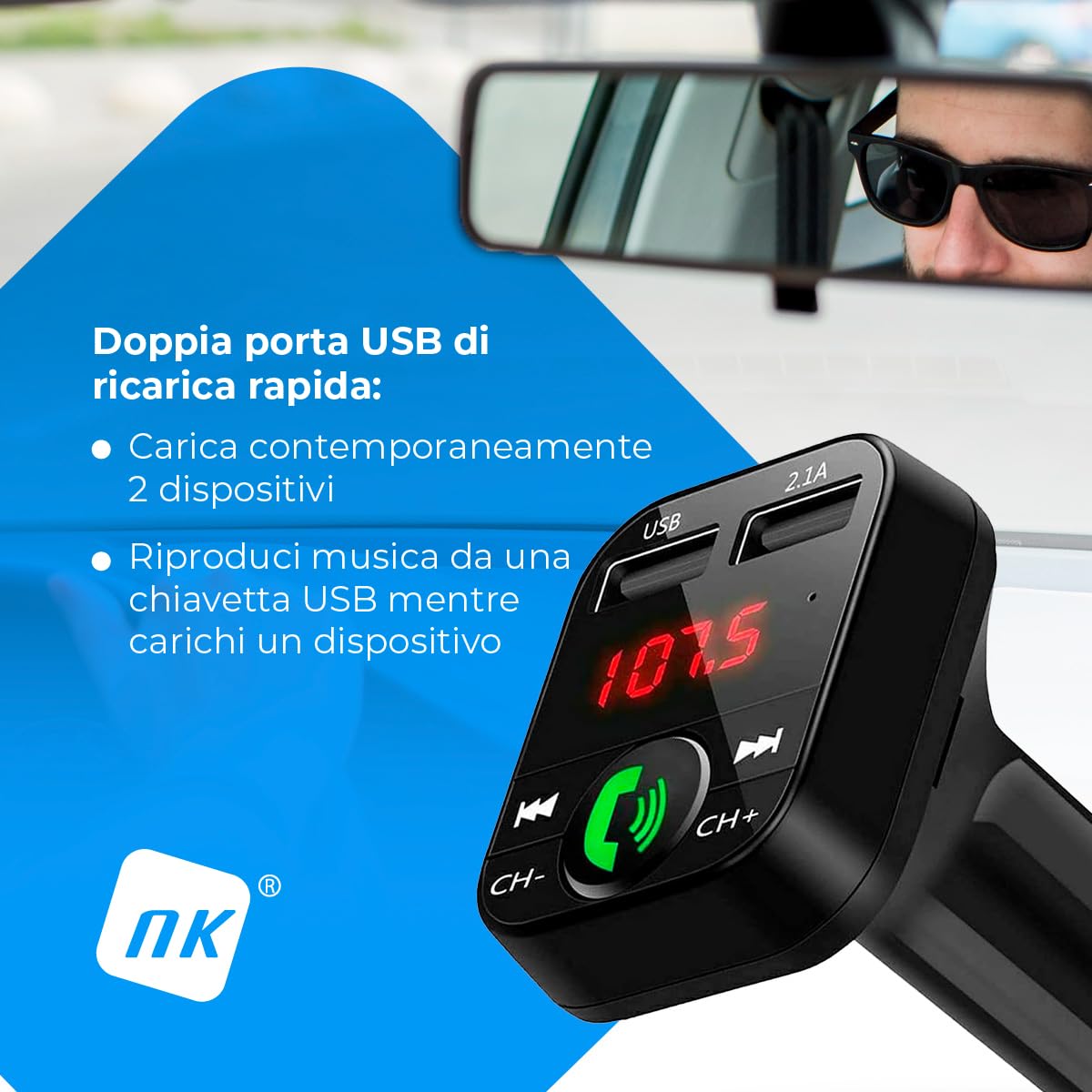 NK Automobile Trasmettitore FM Bluetooth Auto Doppia USB