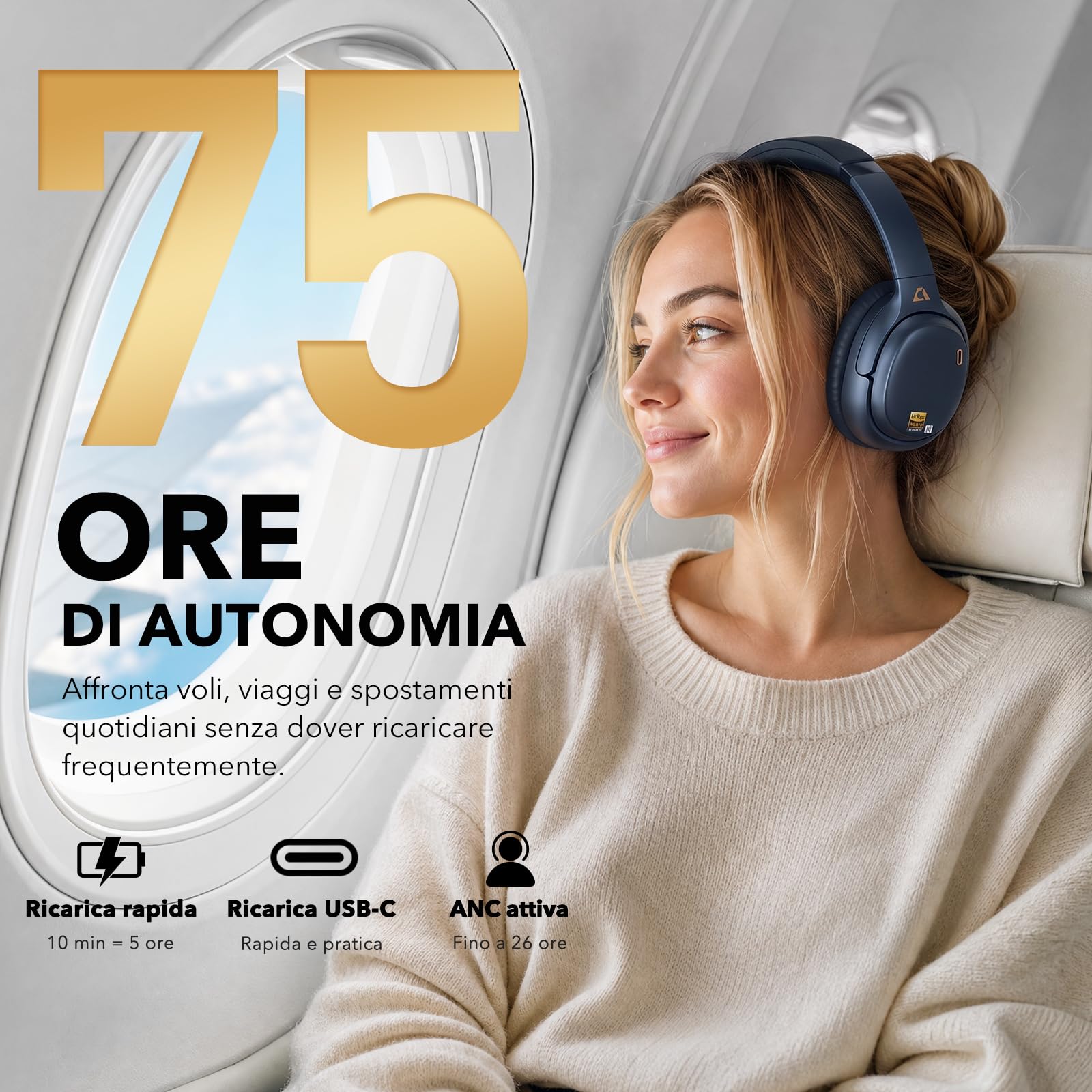 1Mii E700 Cuffie Bluetooth Over-Ear ANC Blu 75 Ore