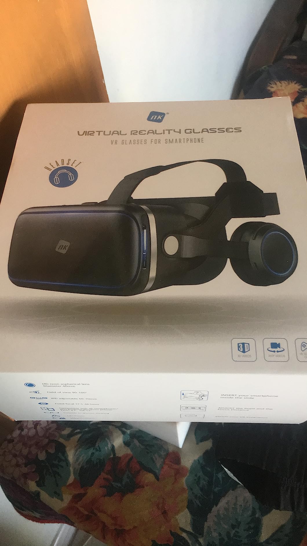 NK occhiali VR smartphone 4,7-6,53" neri con cuffie 360°