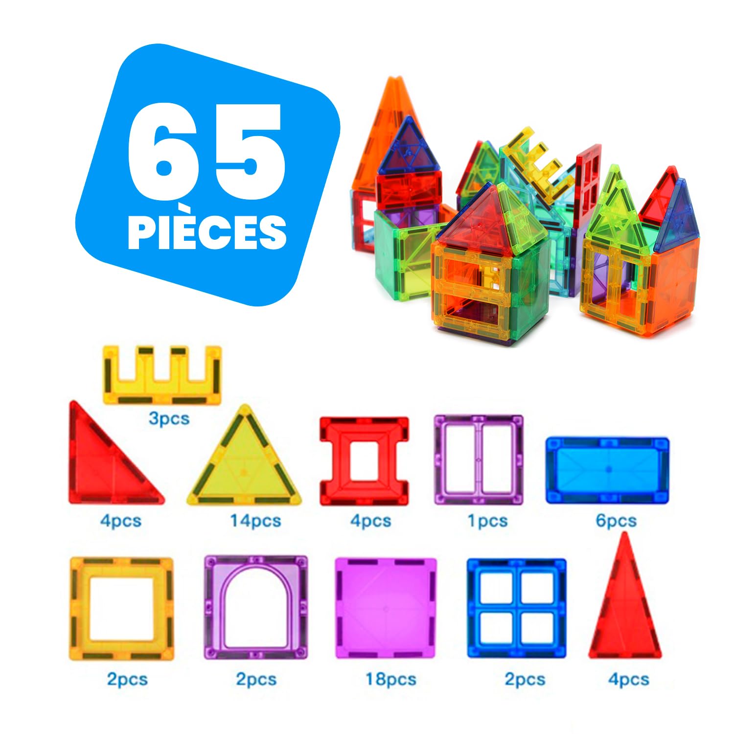 NK Magnetic Tiles Costruzioni Magnetiche 65 Pezzi Gioco