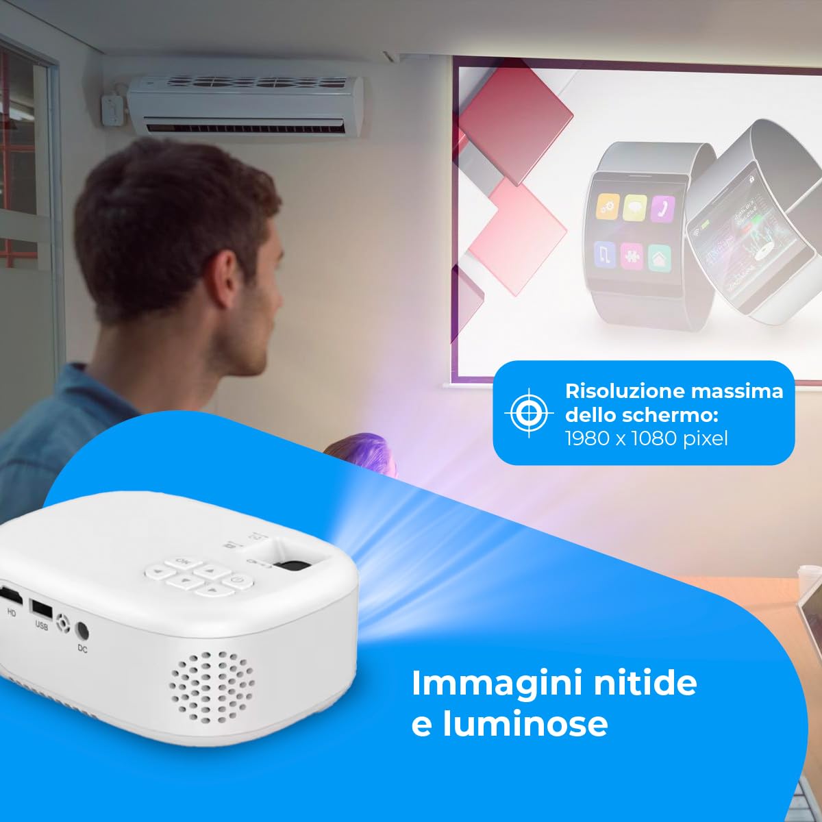 NK PC e Giochi Mini Proiettore 1080P 6500 Lumen Bianco