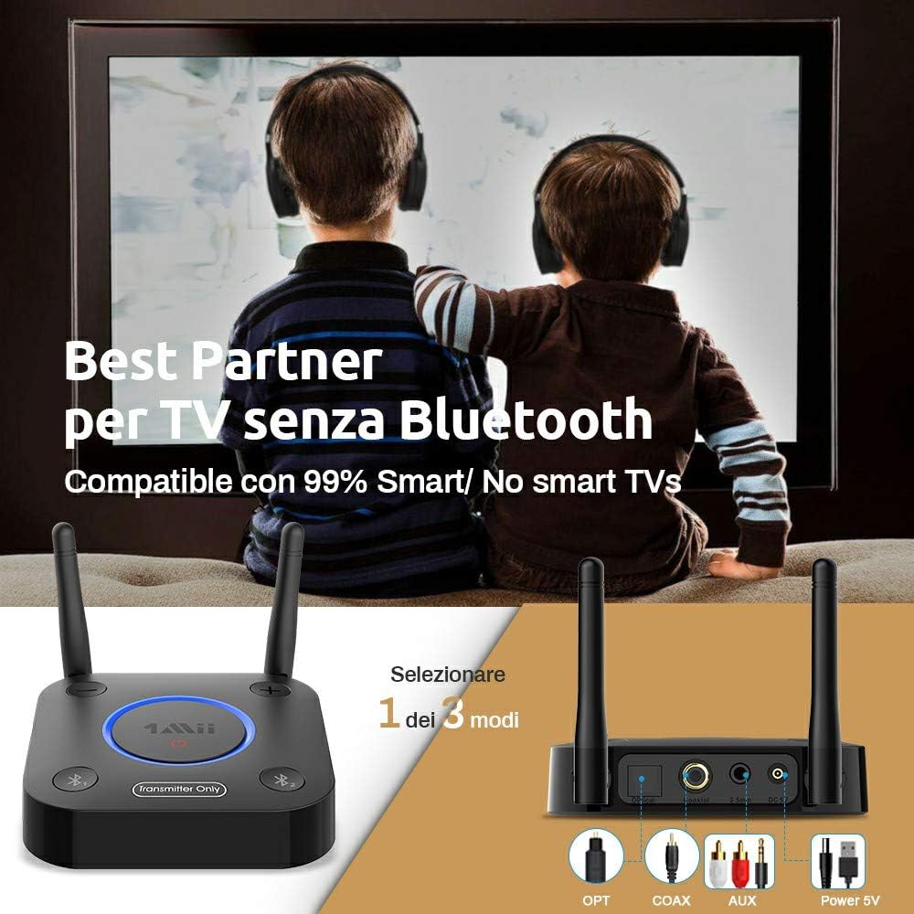 1Mii Trasmettitore Bluetooth TV 5.2 aptX Bassa Latenza 2 Cuffie