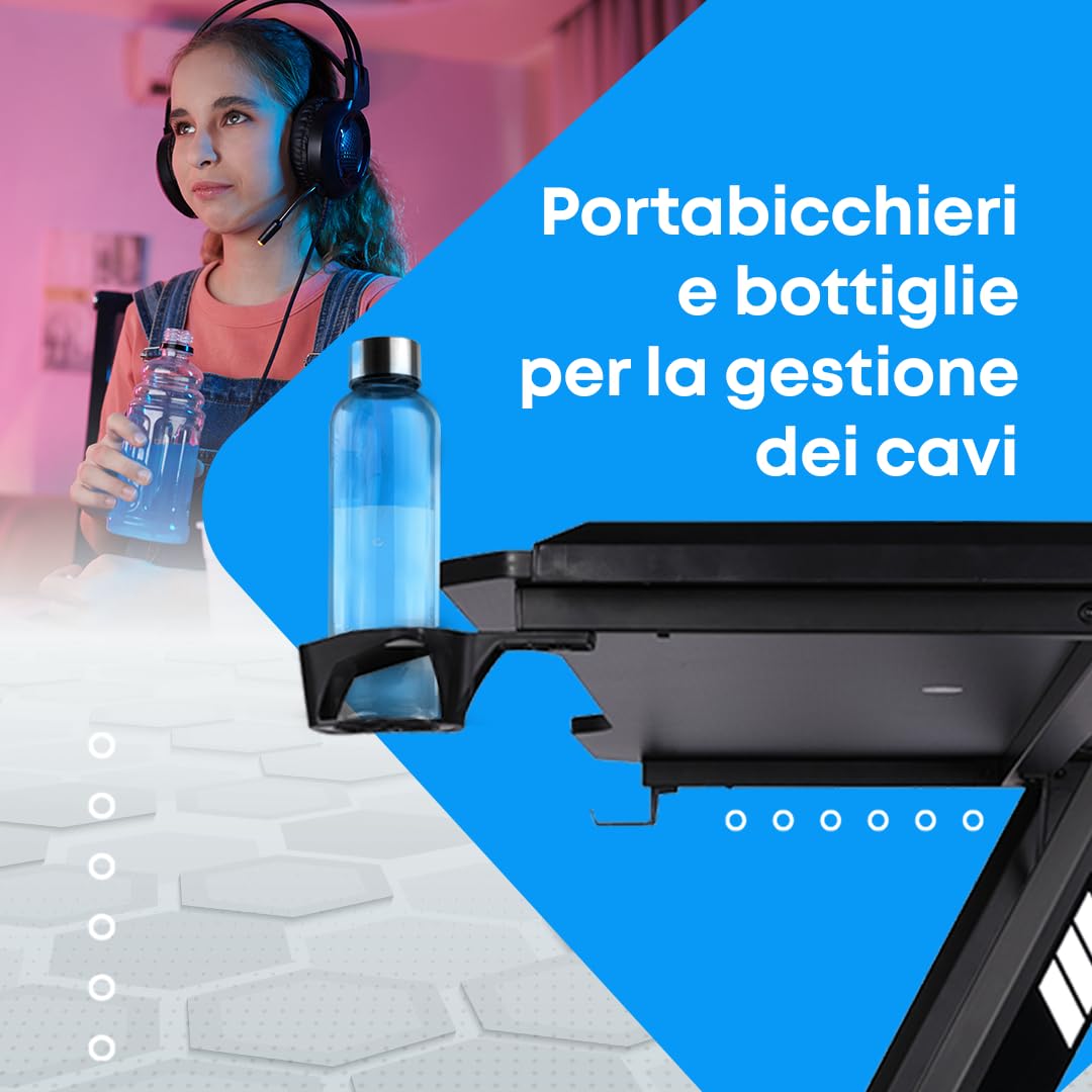 NK scrivania gaming LED 120x60 rosa con supporto cuffie 100kg