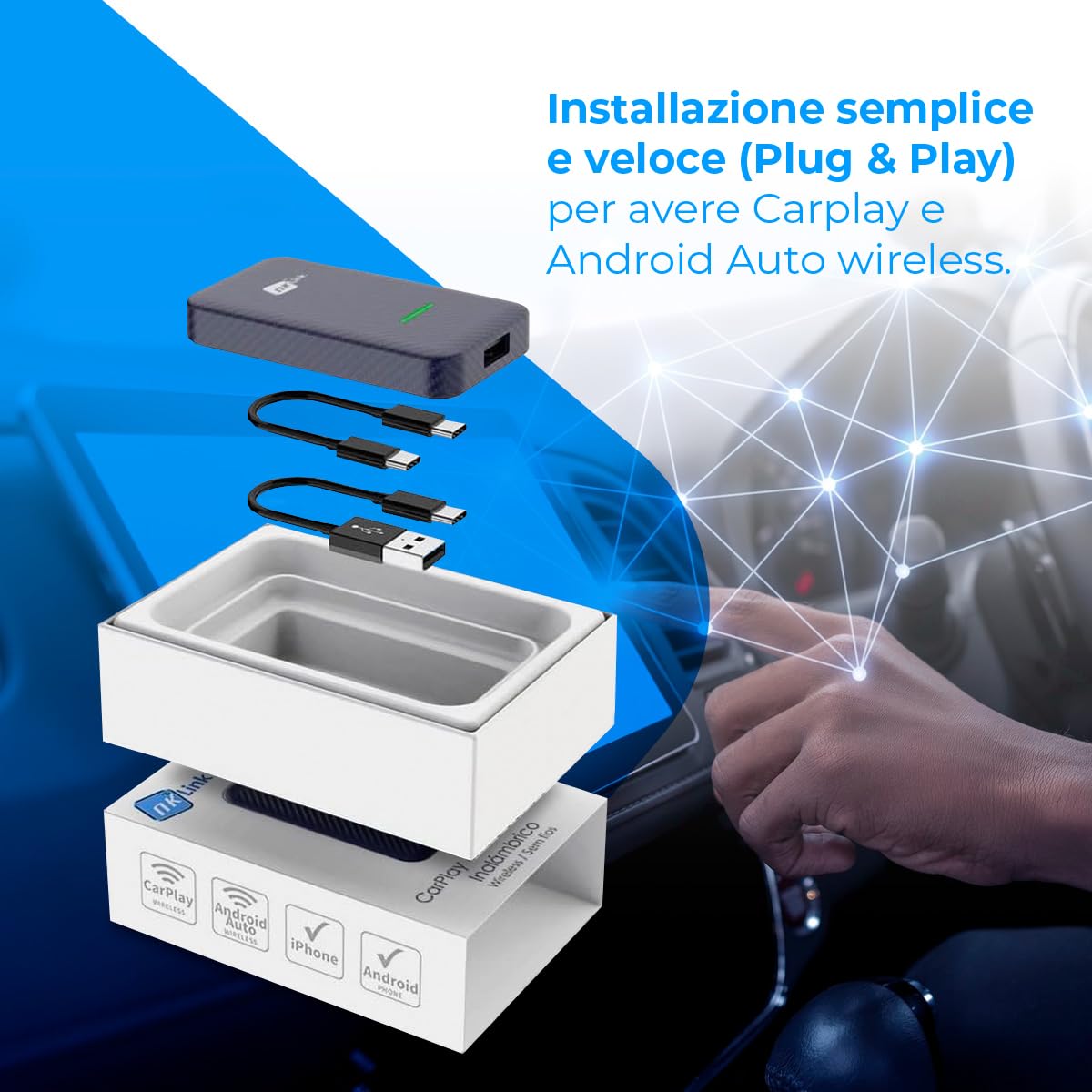 NK Adattatore CarPlay Android Auto Wireless USB Bluetooth 5.0