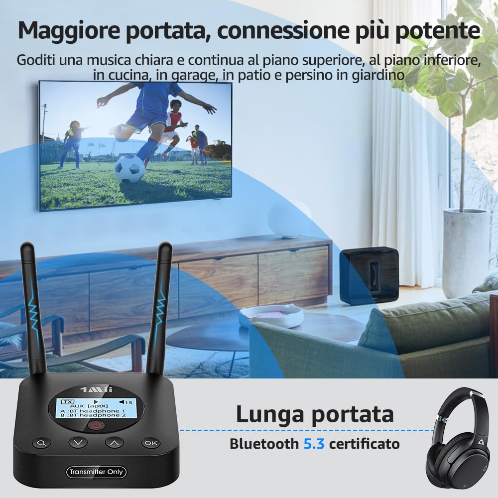 1Mii B06TX+ Trasmettitore Bluetooth TV 2 Cuffie aptX