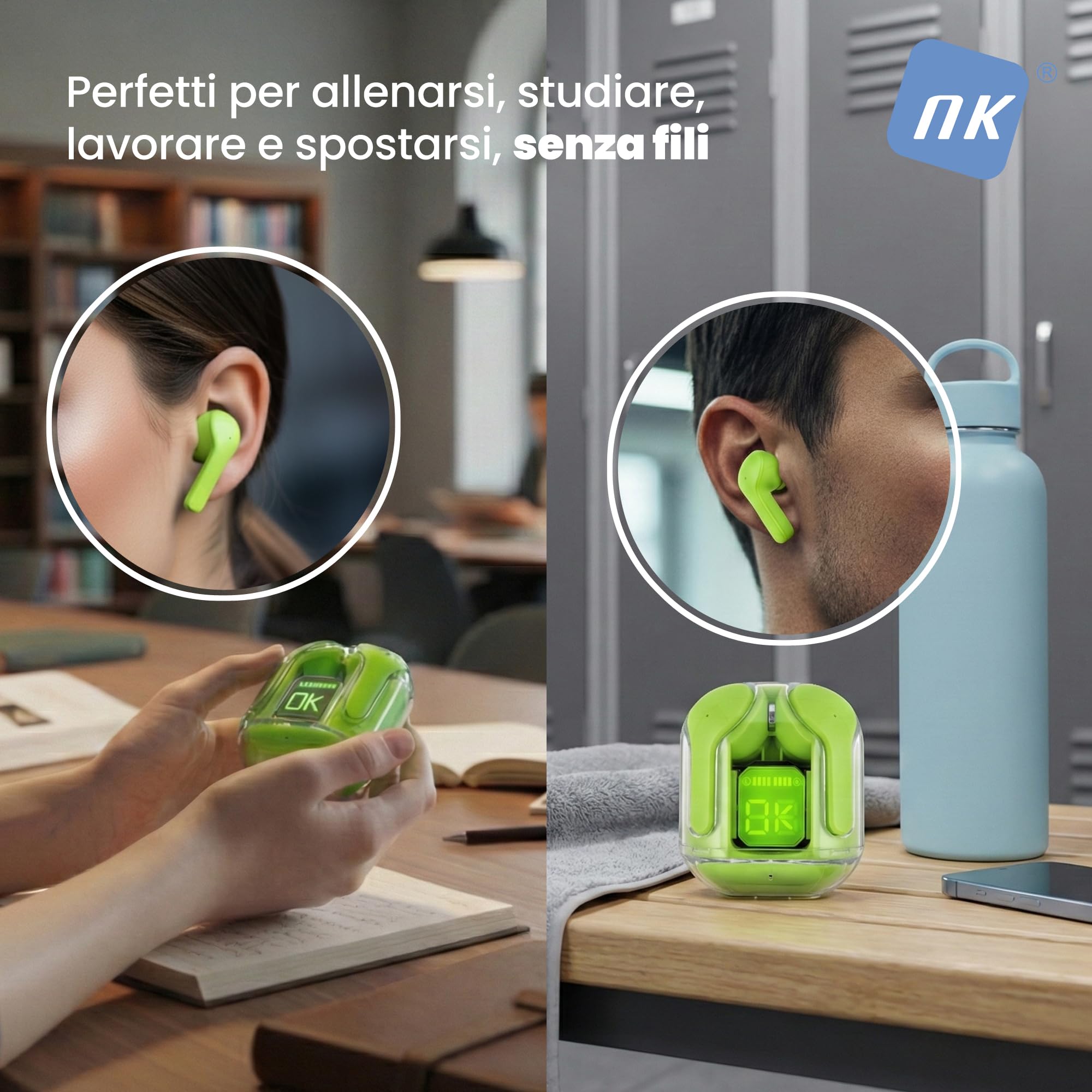NK Auricolari Bluetooth TWS Display LED Verdi 15 Ore Silicone