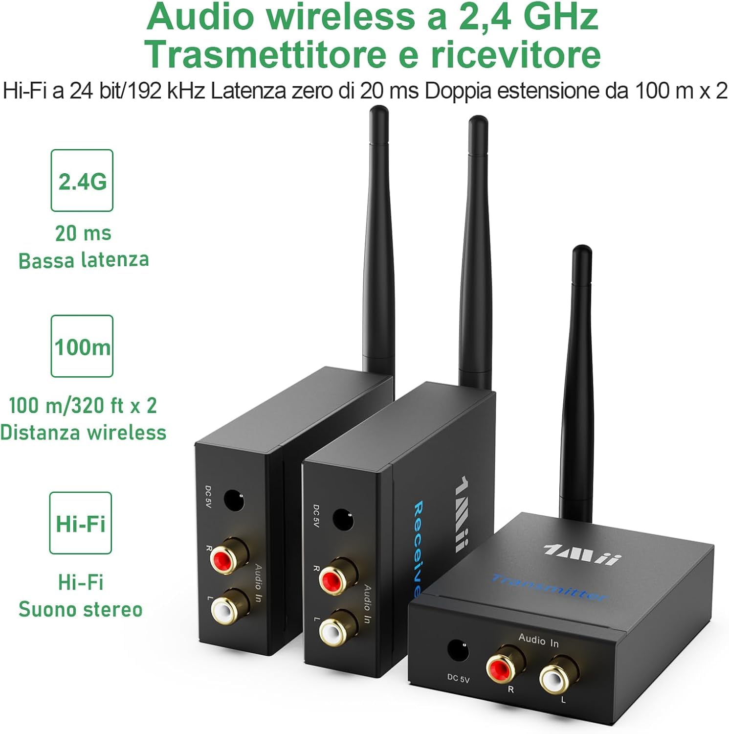 1Mii 2.4G Trasmettitore Ricevitore Audio Wireless 1TX+2RX 100m