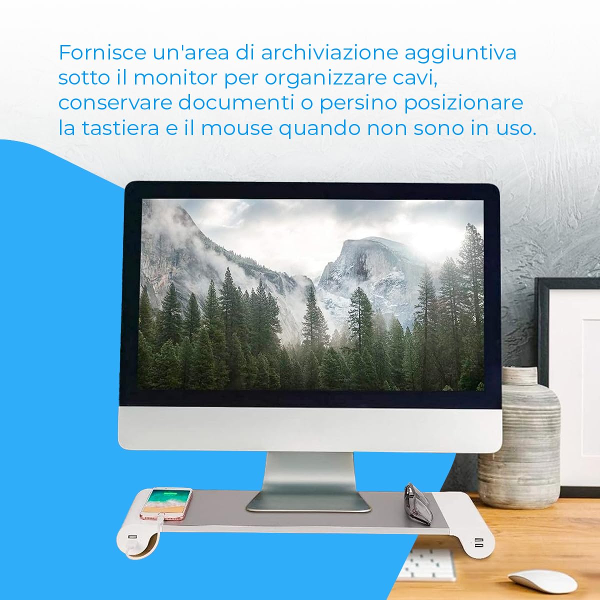 NK Supporto Monitor Alluminio USB 4 Porte 22W Argento