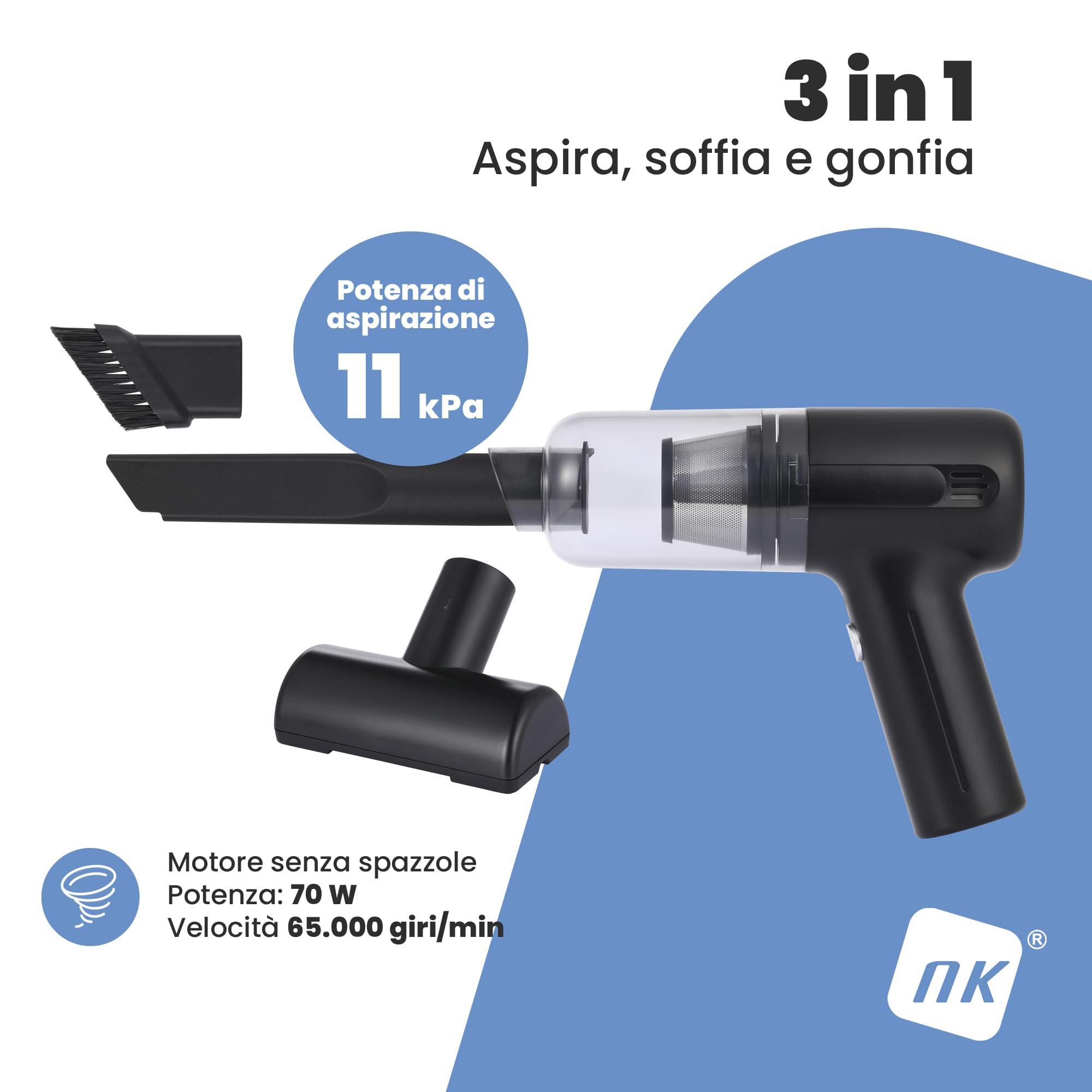 NK Aspirapolvere Portatile Senza Fili 3in1 HEPA Auto
