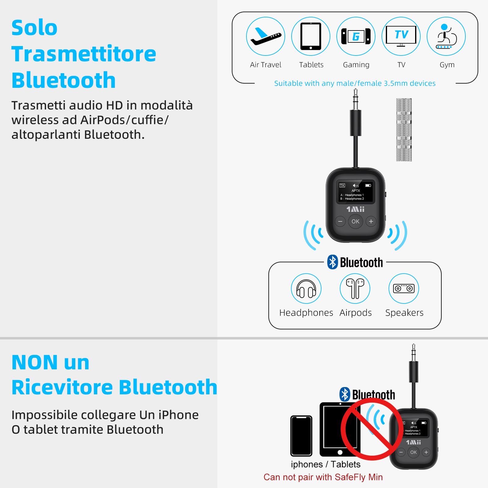 1Mii SafeFly Min trasmettitore bluetooth 2 cuffie OLED 25 ore