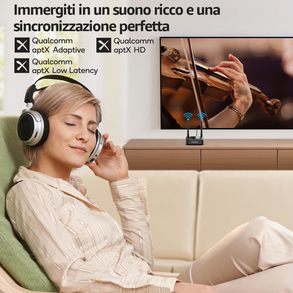 1Mii B06TX+ Trasmettitore Bluetooth TV 2 Cuffie aptX