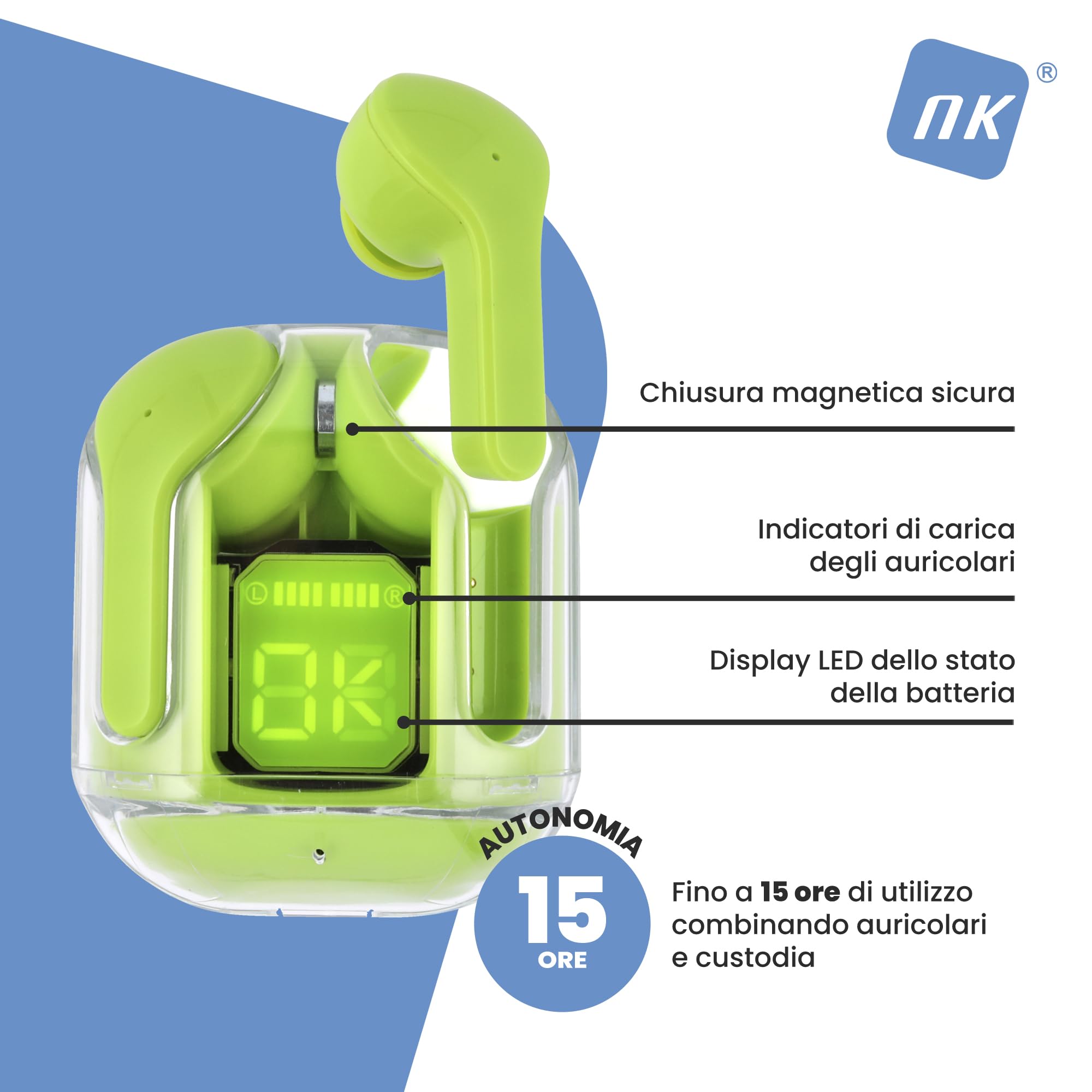 NK Auricolari Bluetooth TWS Display LED Verdi 15 Ore Silicone