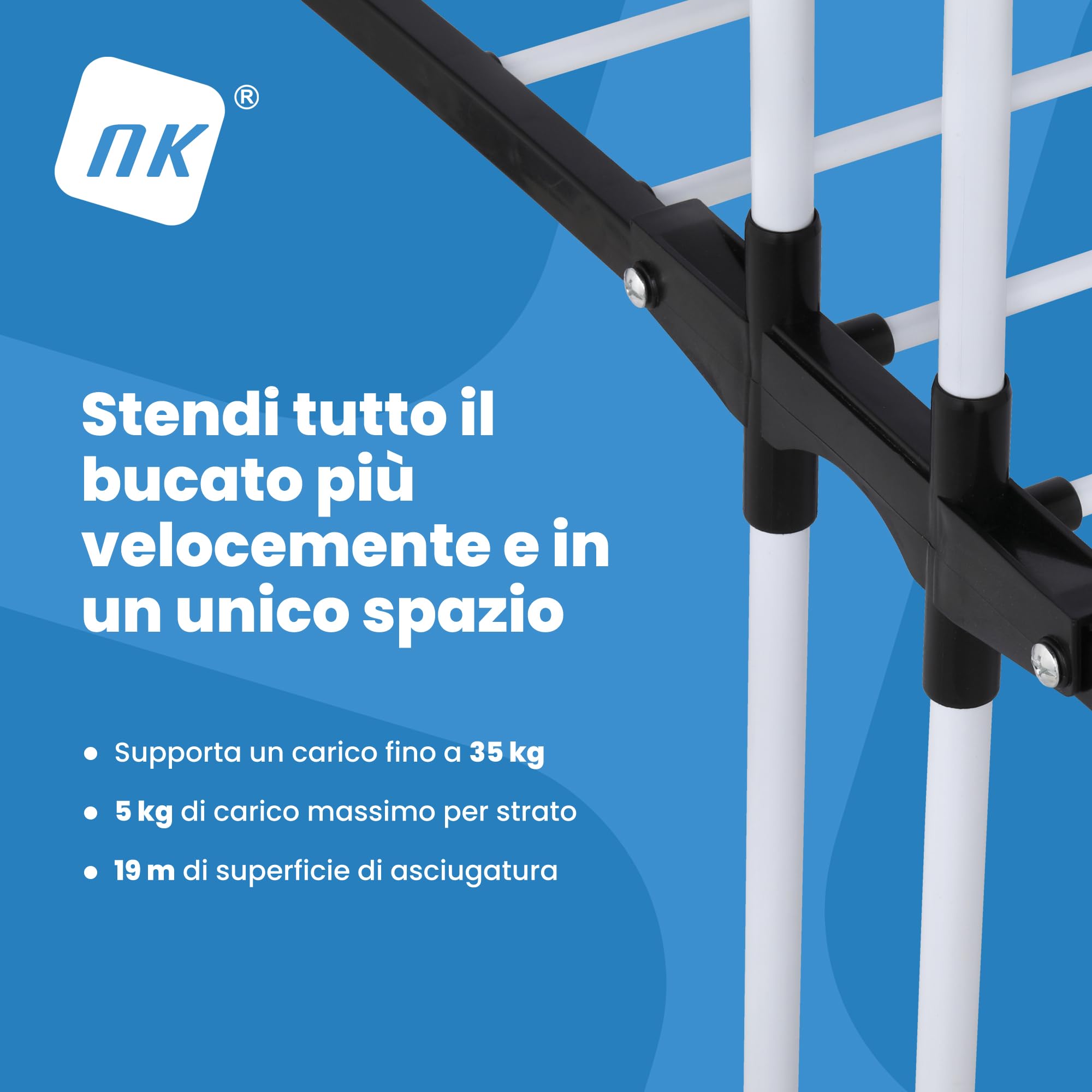 NK Stendino Verticale 4 Livelli Nero Bianco 19 m con Ruote