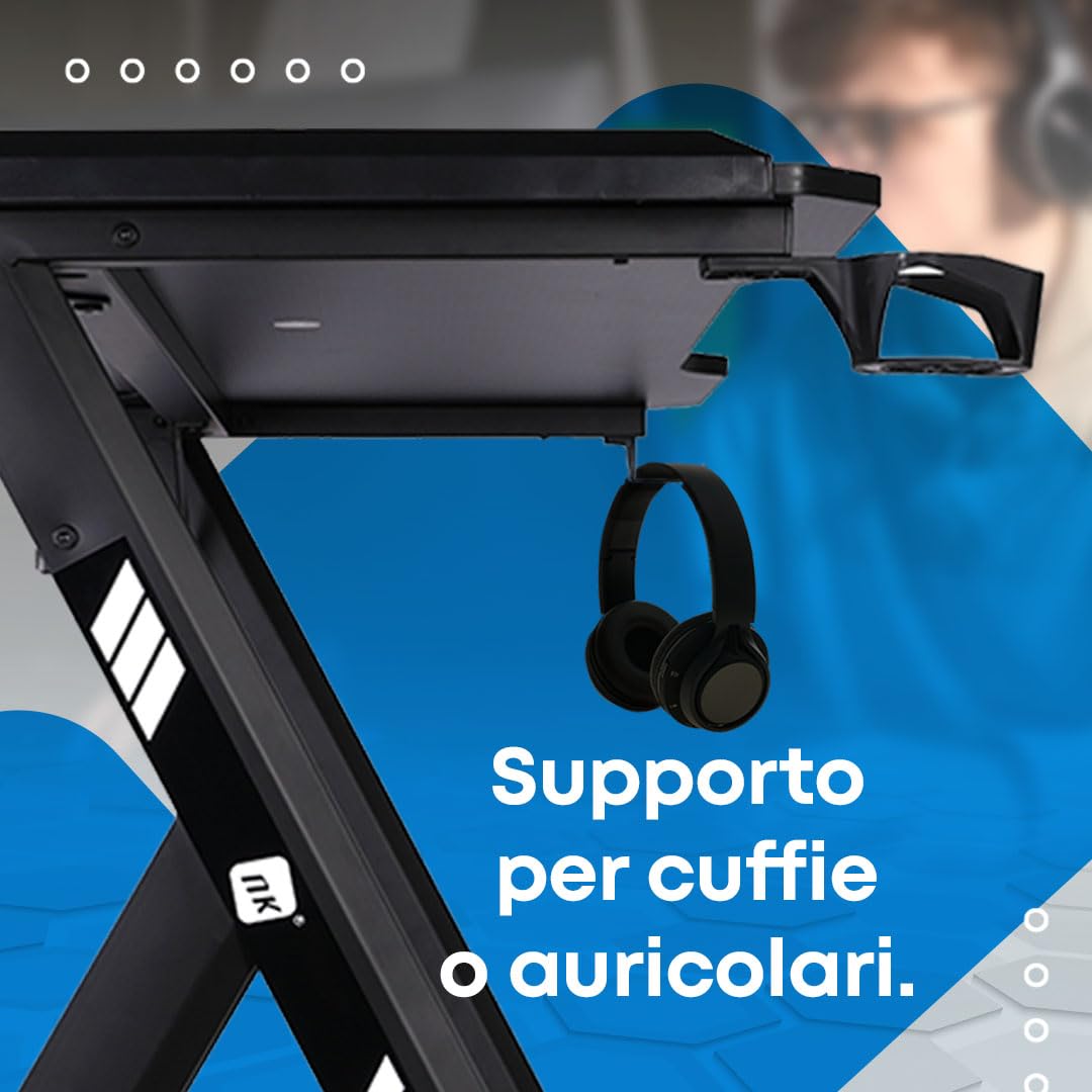NK scrivania gaming LED 120x60 rosa con supporto cuffie 100kg
