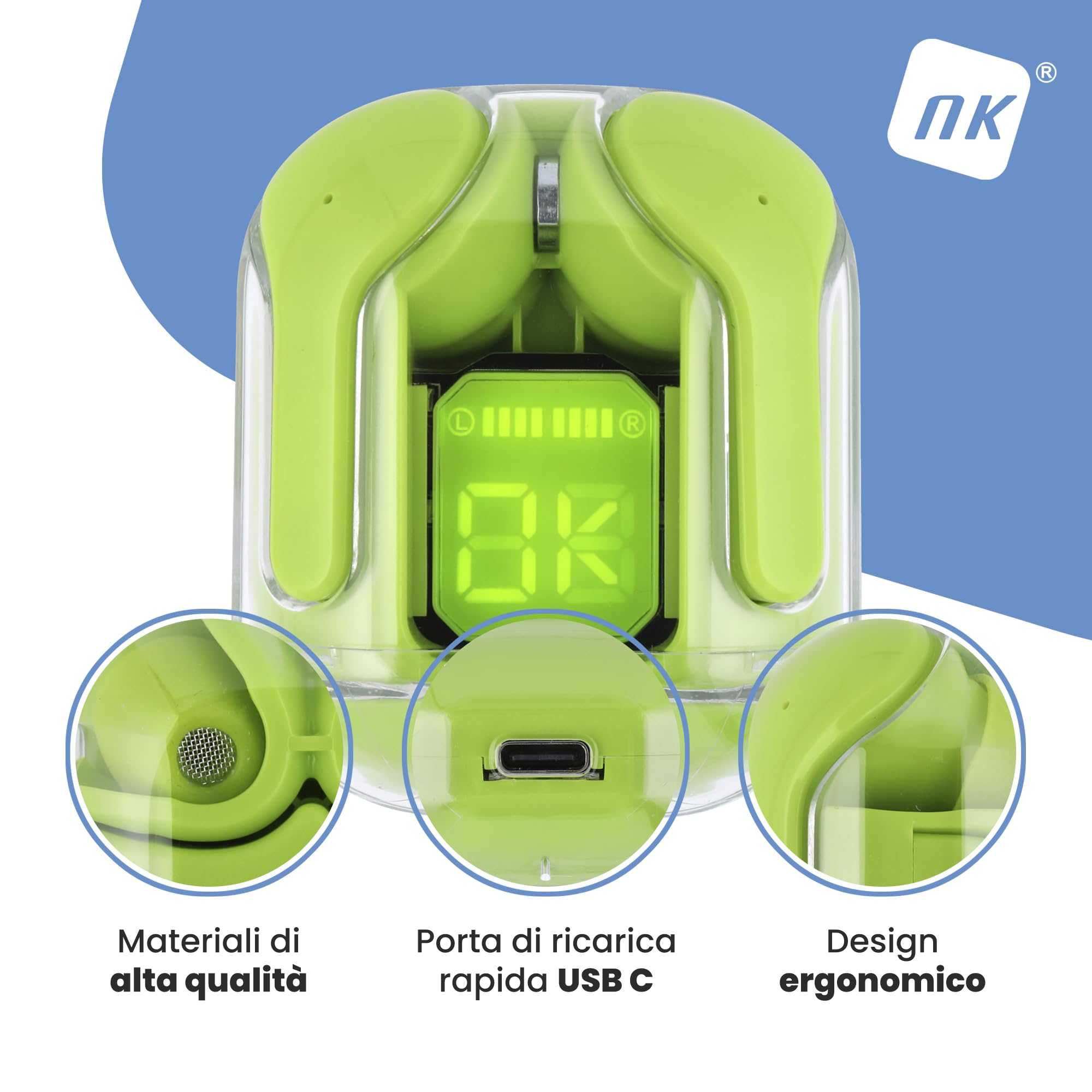 NK Auricolari Bluetooth TWS Display LED Verdi 15 Ore Silicone