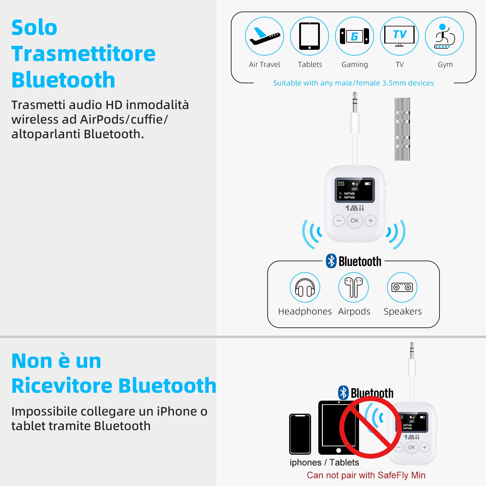 1Mii SafeFly Min trasmettitore bluetooth aptX LL display OLED 25 ore