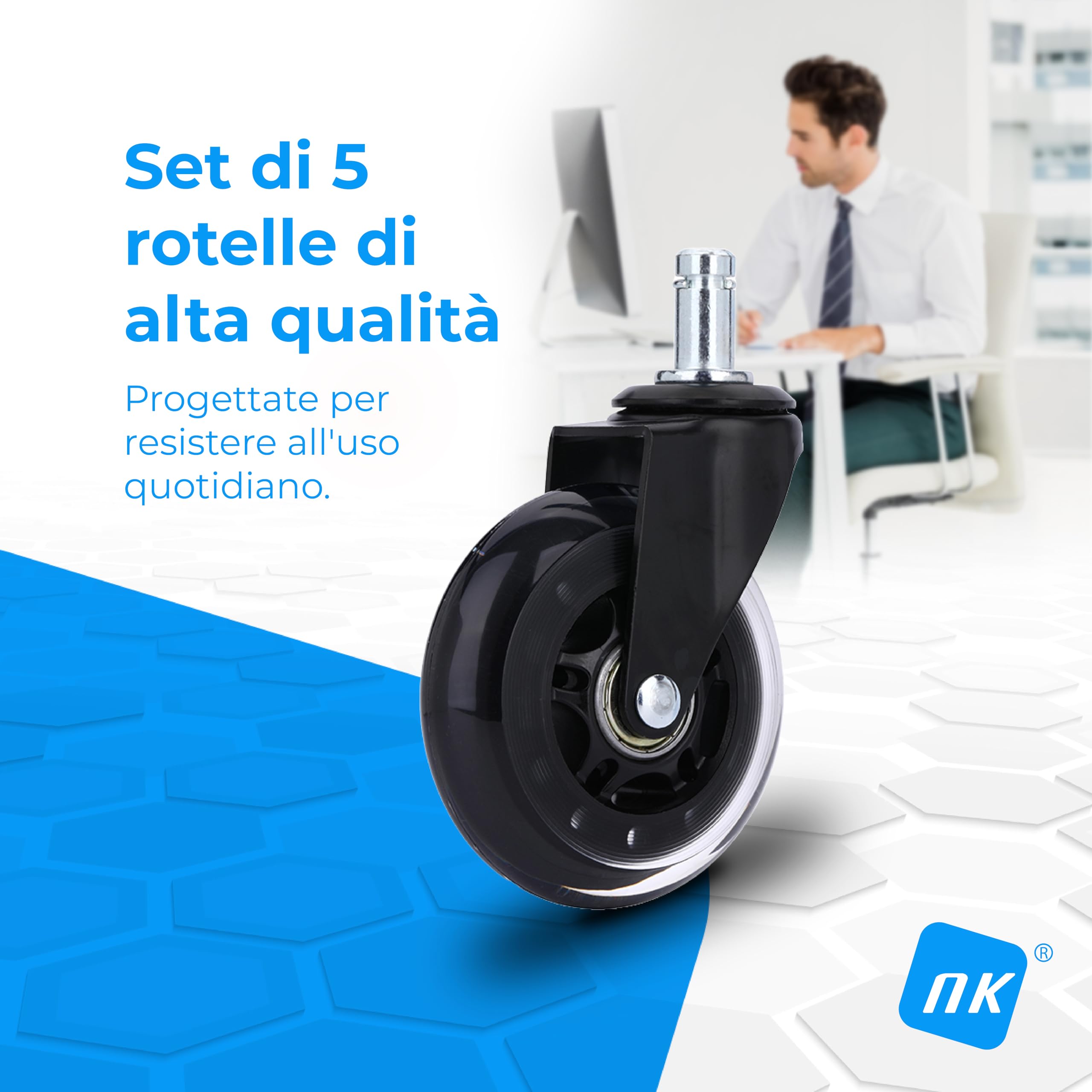 NK Ruote Sedia Ufficio 11x22mm Nere Set 5 Pezzi Parquet