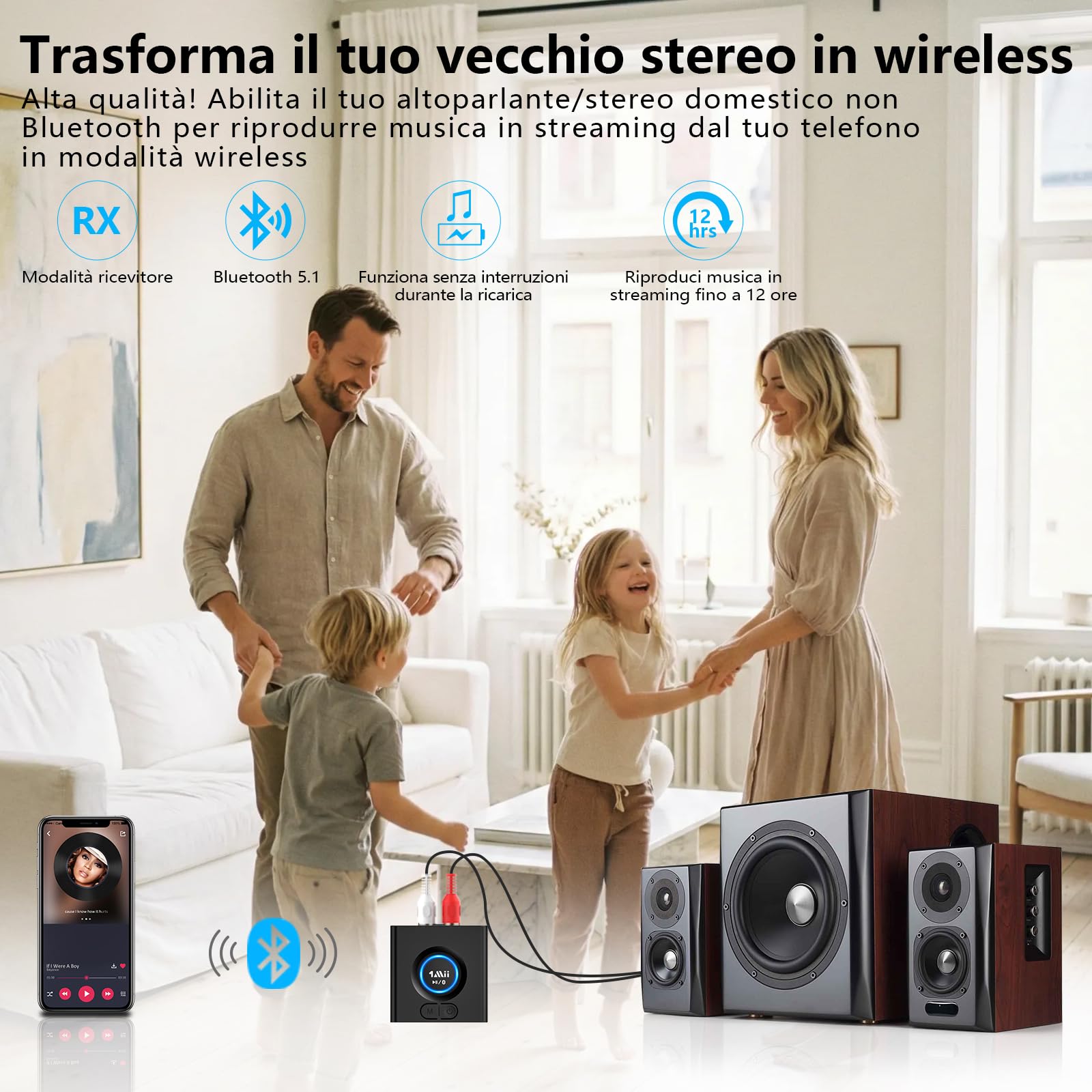 1Mii ML200 Ricevitore Bluetooth Batteria 12 Ore Bassi
