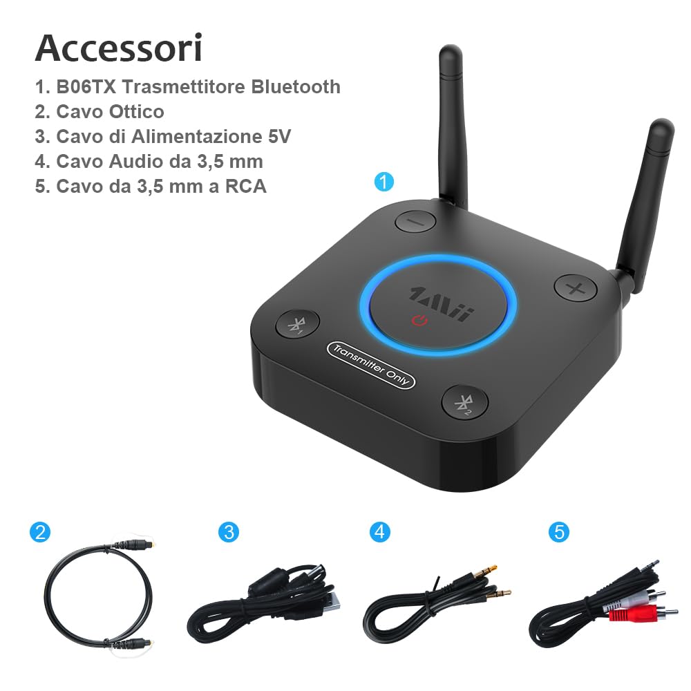 1Mii Trasmettitore Bluetooth TV 5.2 aptX Bassa Latenza 2 Cuffie
